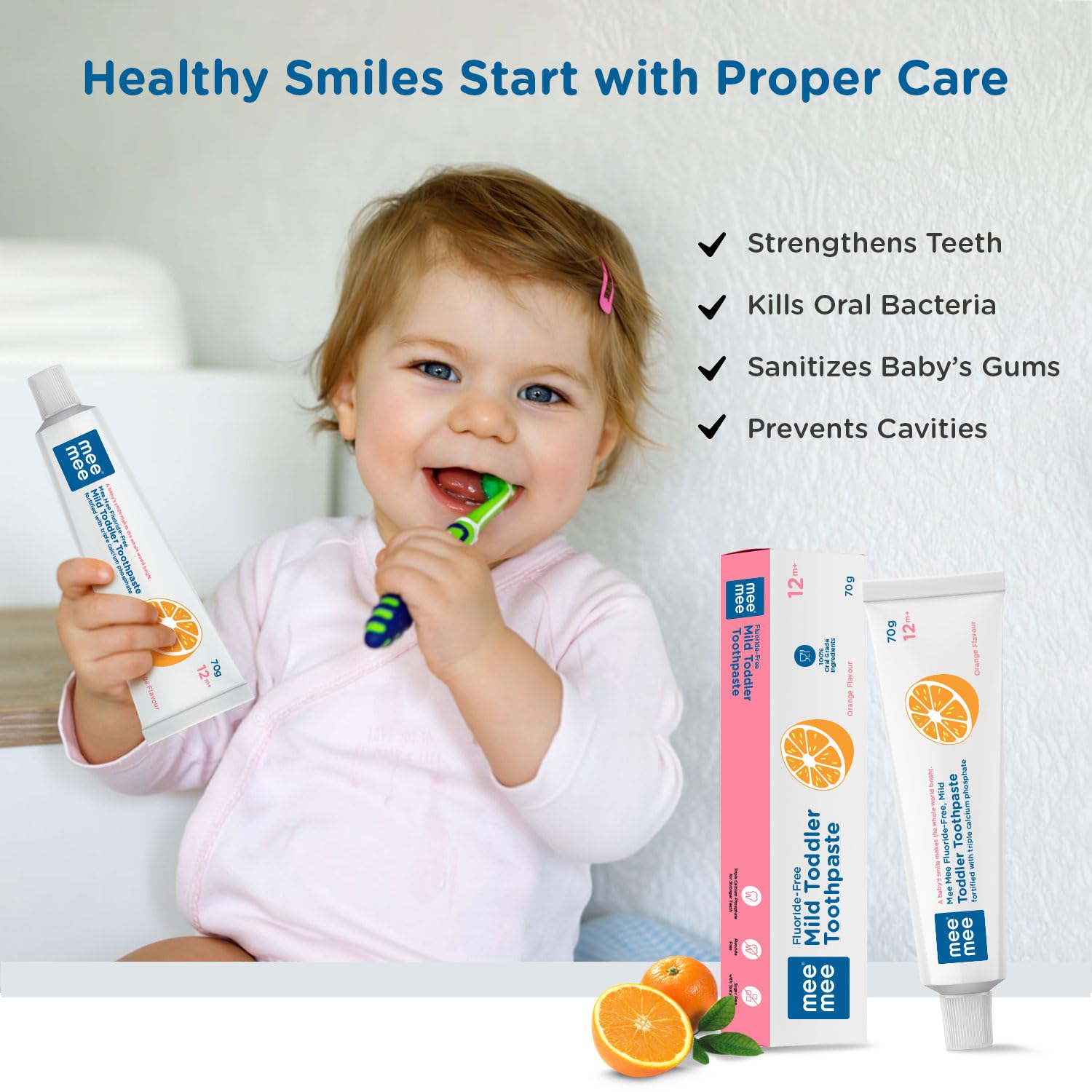 Mee Mee Fluoride-Free Mild Toddler Toothpaste Orange Flavour Pack of 2 with Triple Calcium Phosphate - 70g Each