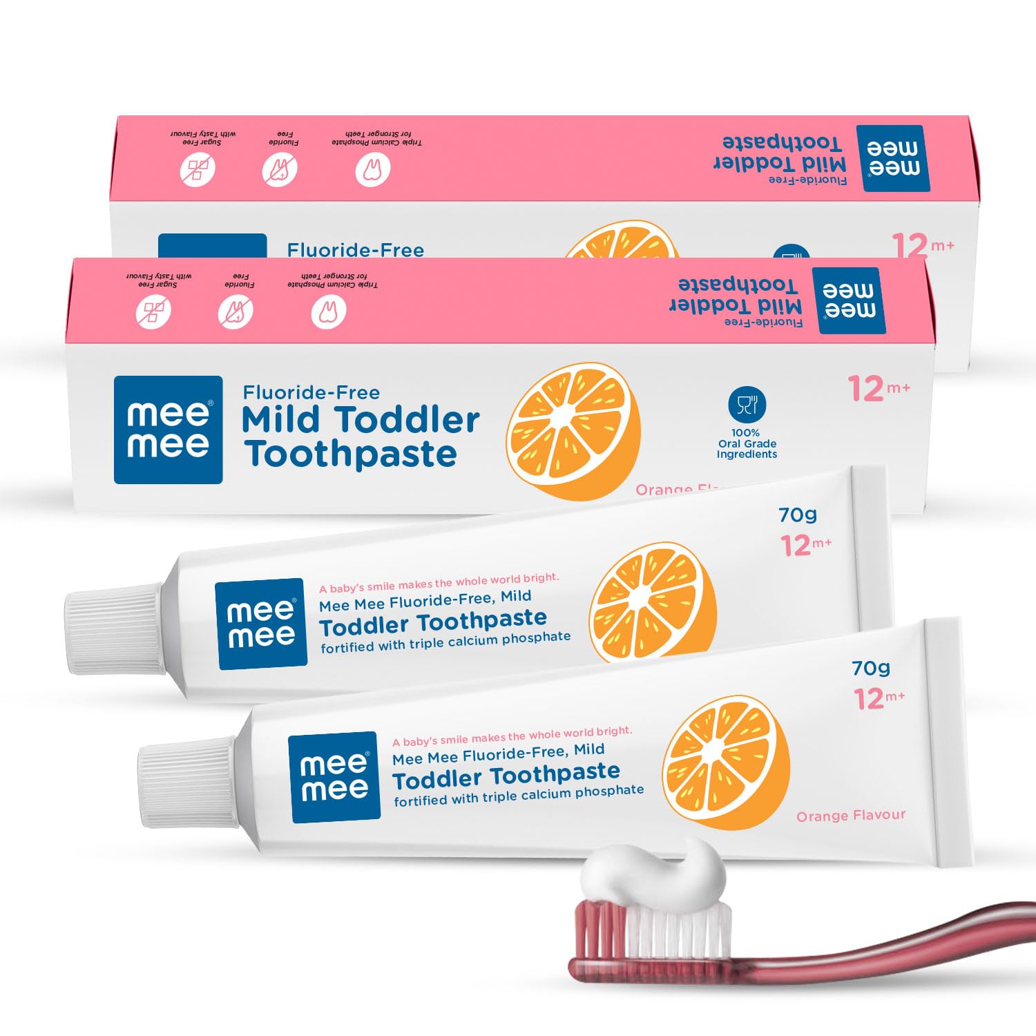 Mee Mee Fluoride-Free Mild Toddler Toothpaste Orange Flavour Pack of 2 with Triple Calcium Phosphate - 70g Each