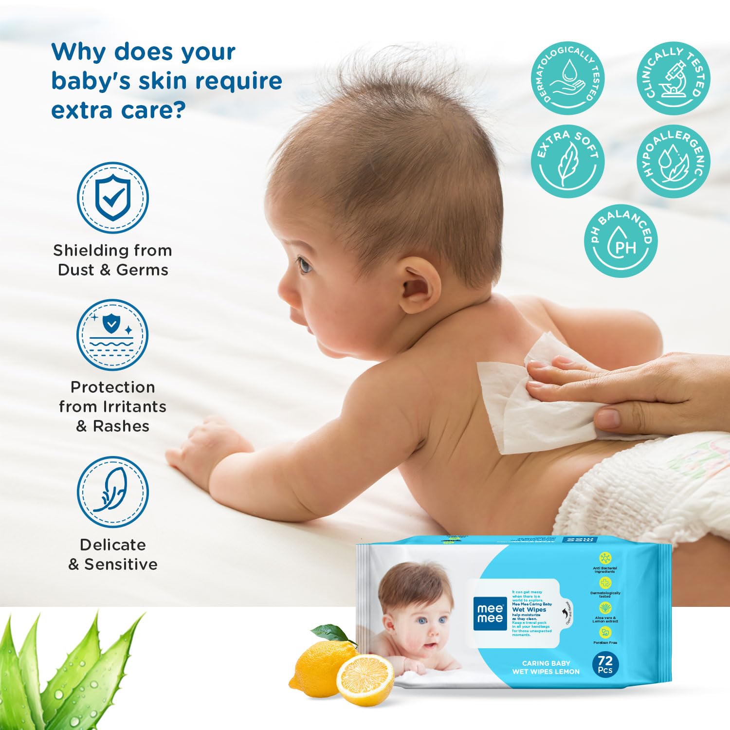 Mee Mee Caring Baby Wet Wipes Lemon with Aloe Vera & Lemon Extract Combo Pack of 5 - 72 Pieces Each