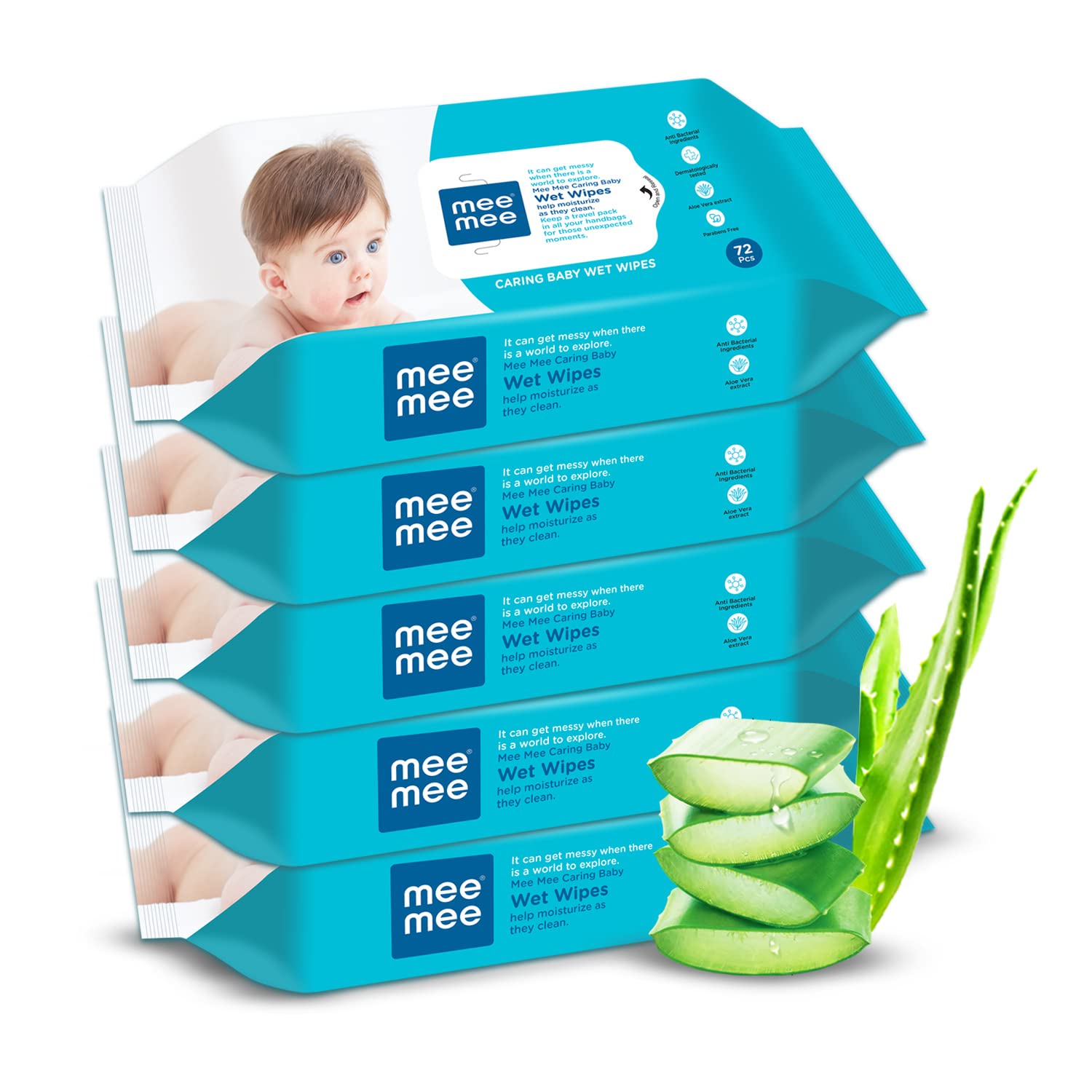 Mee Mee Caring Baby Wet Wipes with Aloe Vera Combo Pack of 5 - 72 Pieces Each