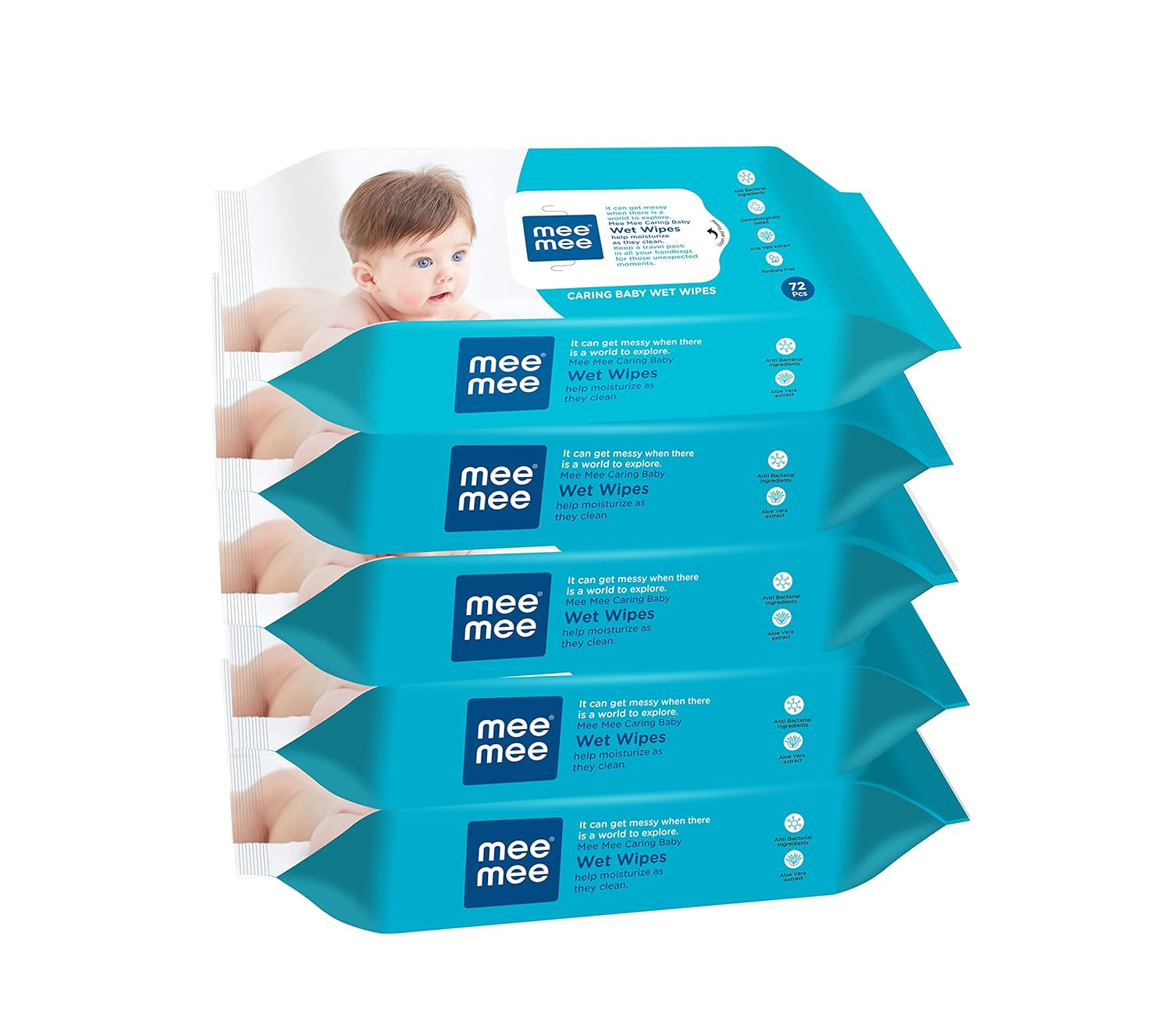 Mee Mee Caring Baby Wet Wipes with Aloe Vera Combo Pack of 5 - 72 Pieces Each