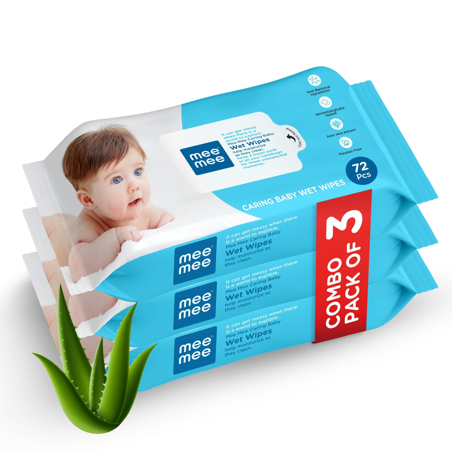 Mee Mee Caring Baby Wet Wipes Combo Pack of 3 - 72 Pieces Each