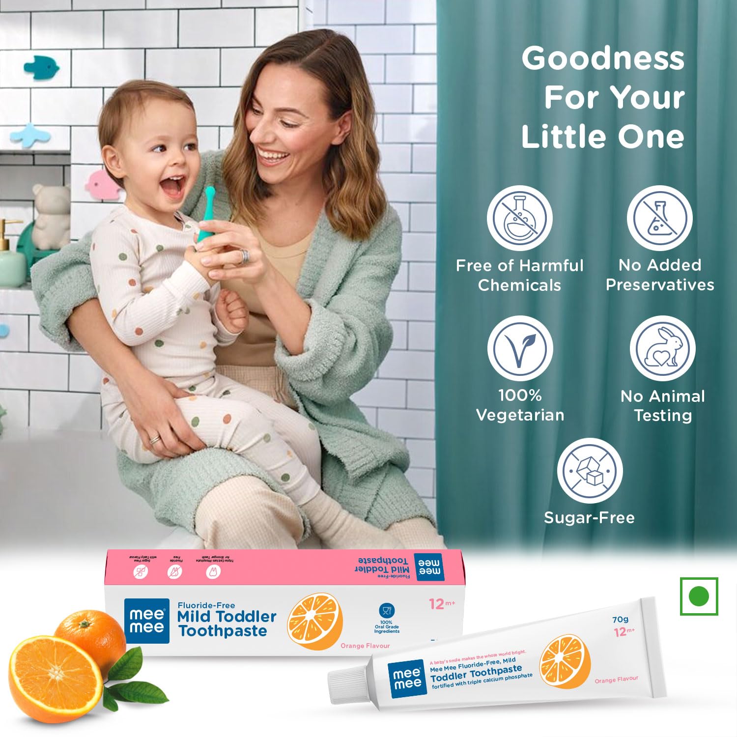 Mee Mee Fluoride-Free Mild Toddler Toothpaste Orange Flavour with Triple Calcium Phosphate - 70g