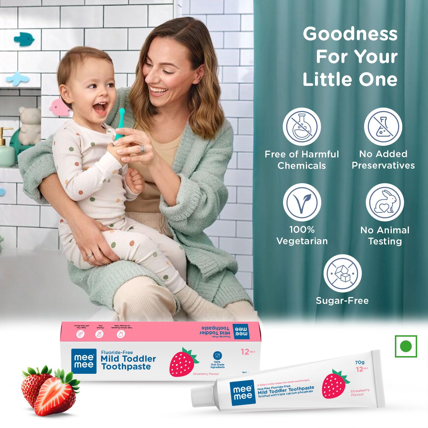 Mee Mee Fluoride-Free Mild Toddler Toothpaste Strawberry Flavour Pack of 2 with Triple Calcium Phosphate - 70g Each