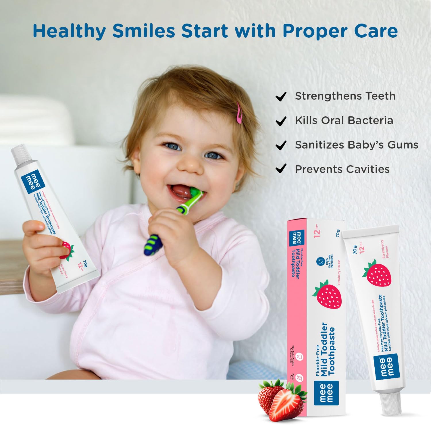 Mee Mee Fluoride-Free Mild Toddler Toothpaste Strawberry Flavour Pack of 2 with Triple Calcium Phosphate - 70g Each