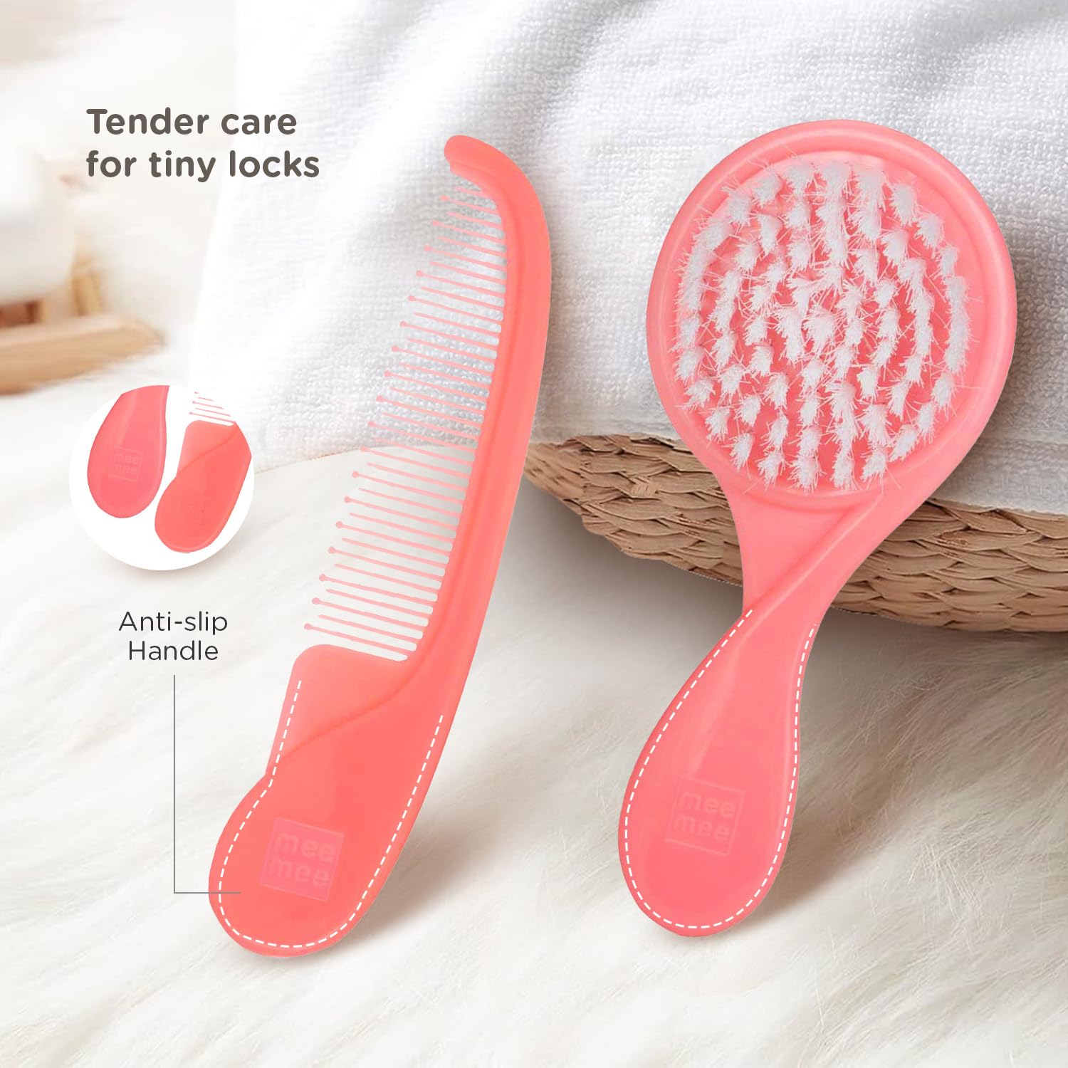 Mee Mee Baby Hair Brush and Comb Set with Soft Bristles & Rounded Teeth - Pink