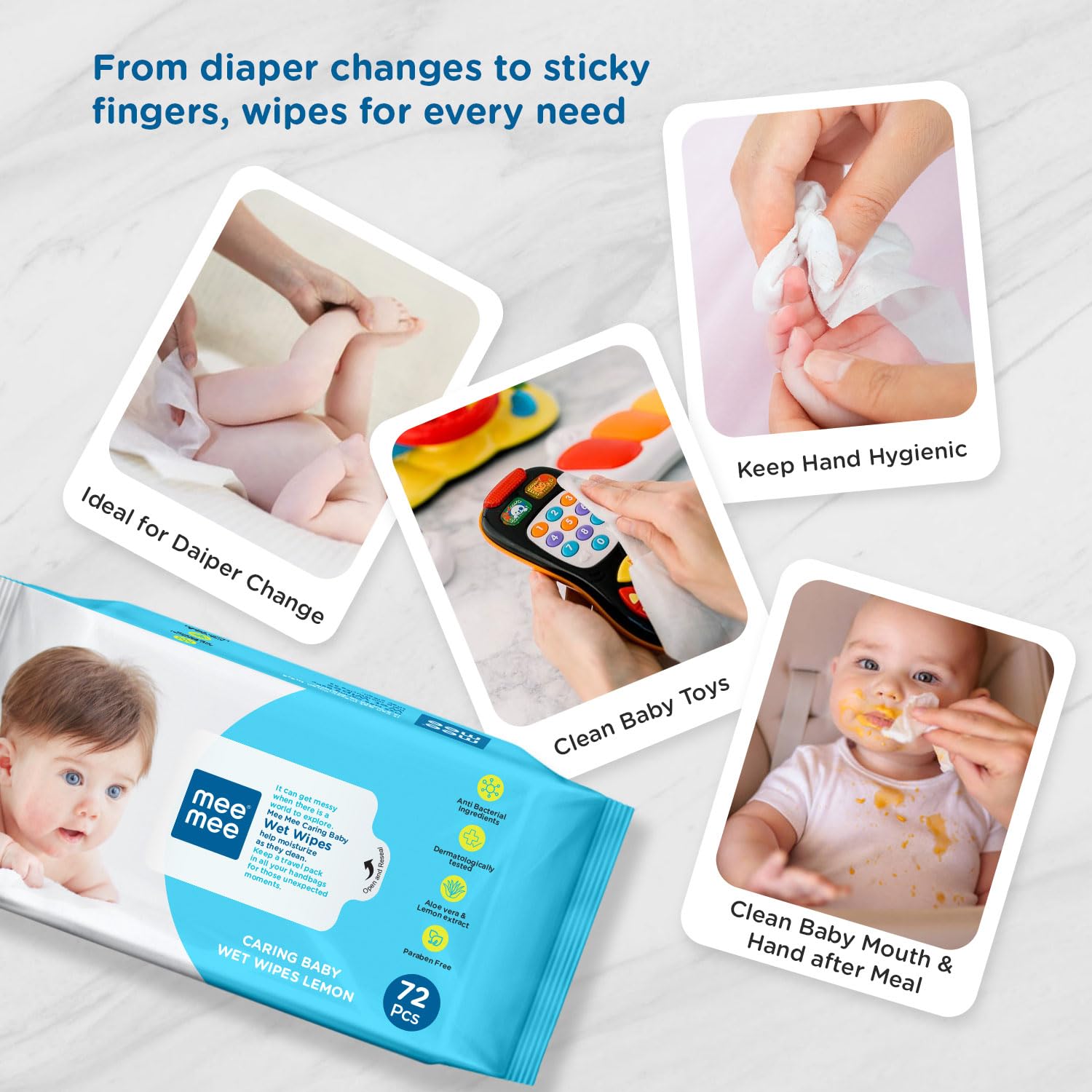 Mee Mee Caring Baby Wet Wipes Lemon with Aloe Vera & Lemon Extract Combo Pack of 5 - 72 Pieces Each