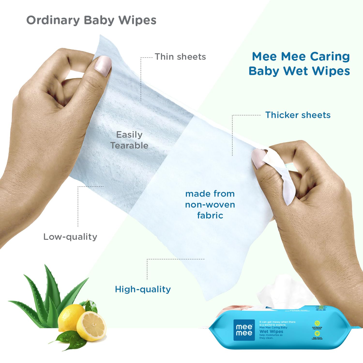 Mee Mee Caring Baby Wet Wipes Lemon with Aloe Vera & Lemon Extract Combo Pack of 5 - 72 Pieces Each