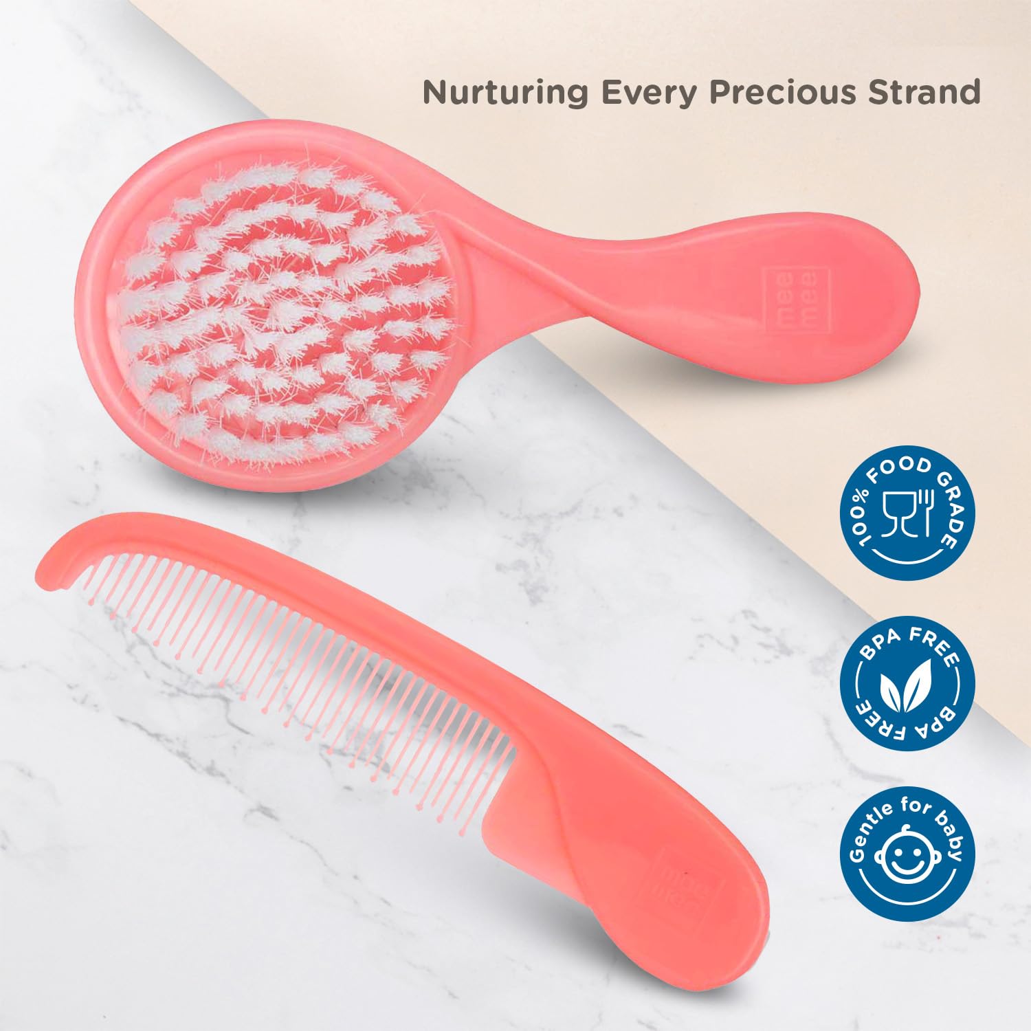 Mee Mee Baby Hair Brush and Comb Set with Soft Bristles & Rounded Teeth - Pink