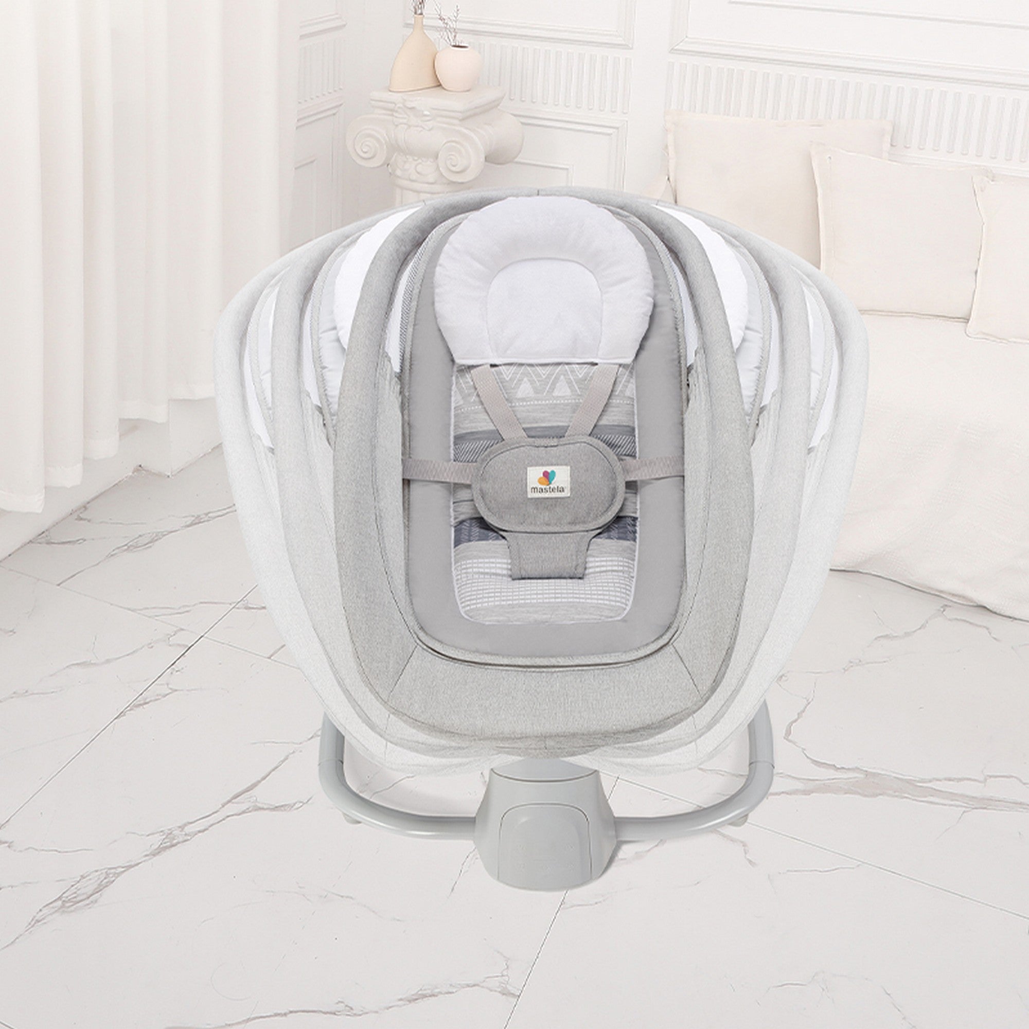 Mastela Grey Electric Baby Rocker and Bouncer with Music, Mosquito Net and Canopy for Infants