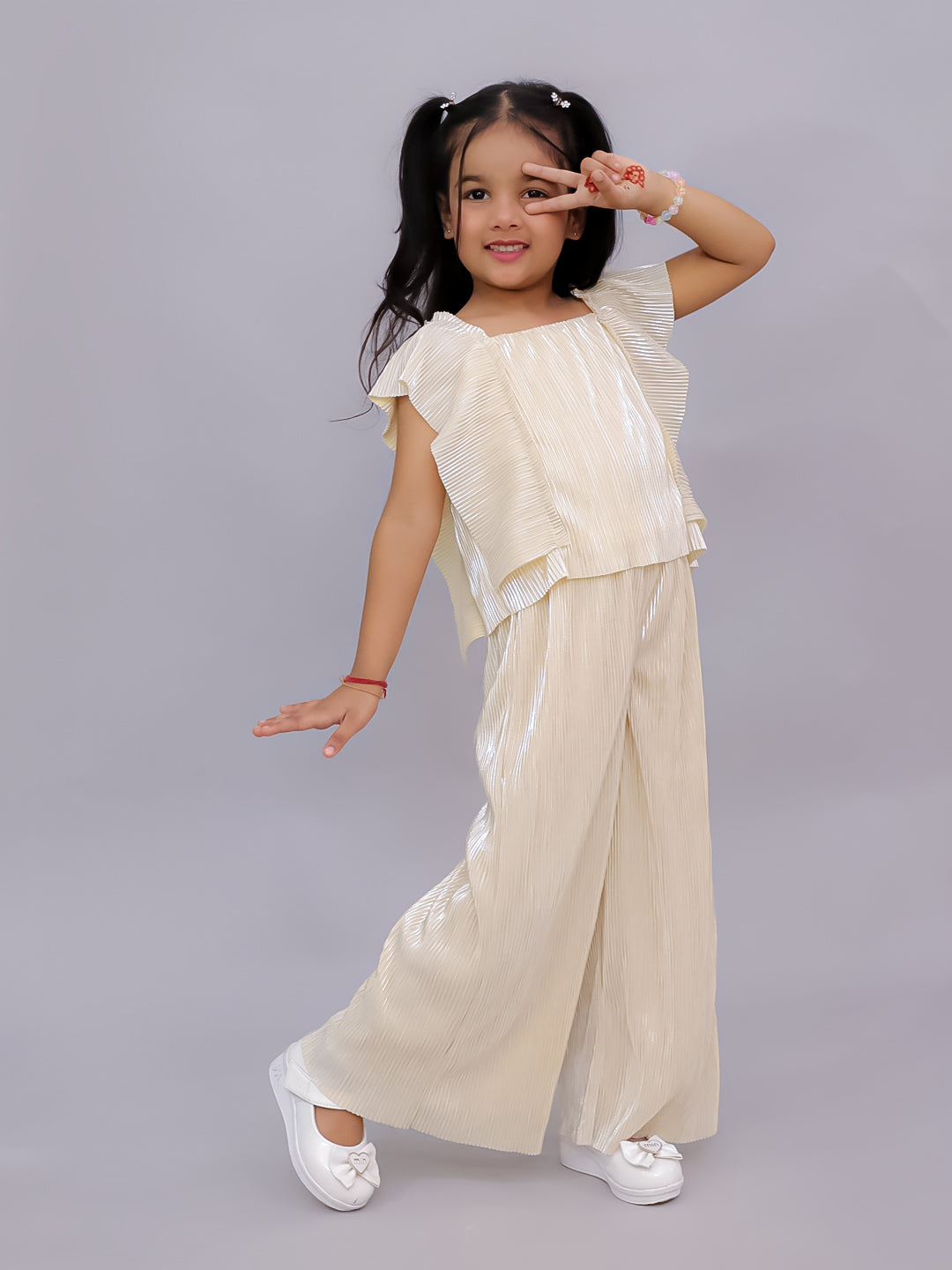 Lil Drama Girls Shimmer Pleated Top With Palazzo Pants Co-Ord Set, Cream