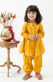 Tiber Taber Girls Yellow Cotton Foil Printed Kurta and Salwar Set Regular Fit Festive Wear