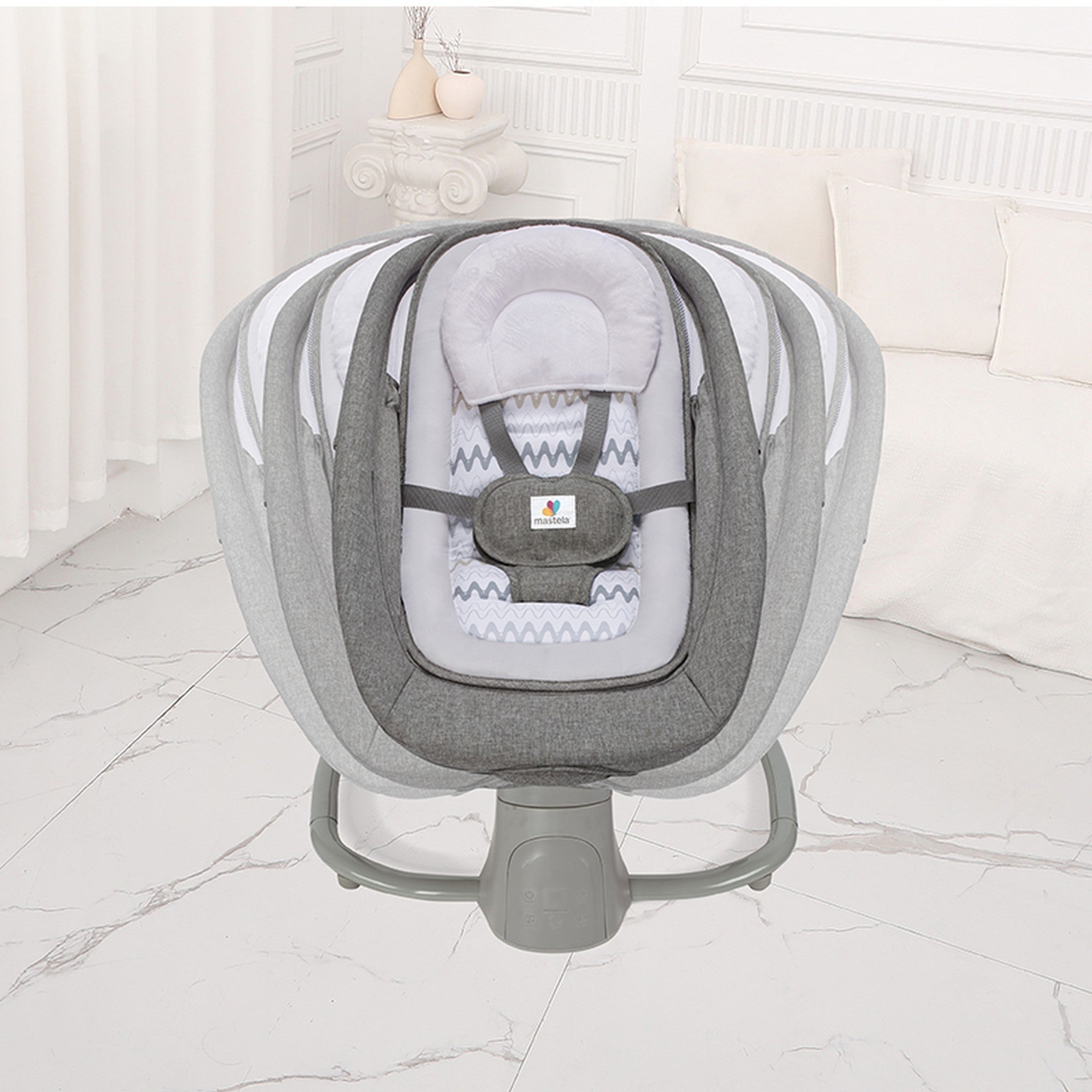 Mastela Grey Baby Electric Rocker and Bouncer with Music, Canopy and Mosquito Net for Infants