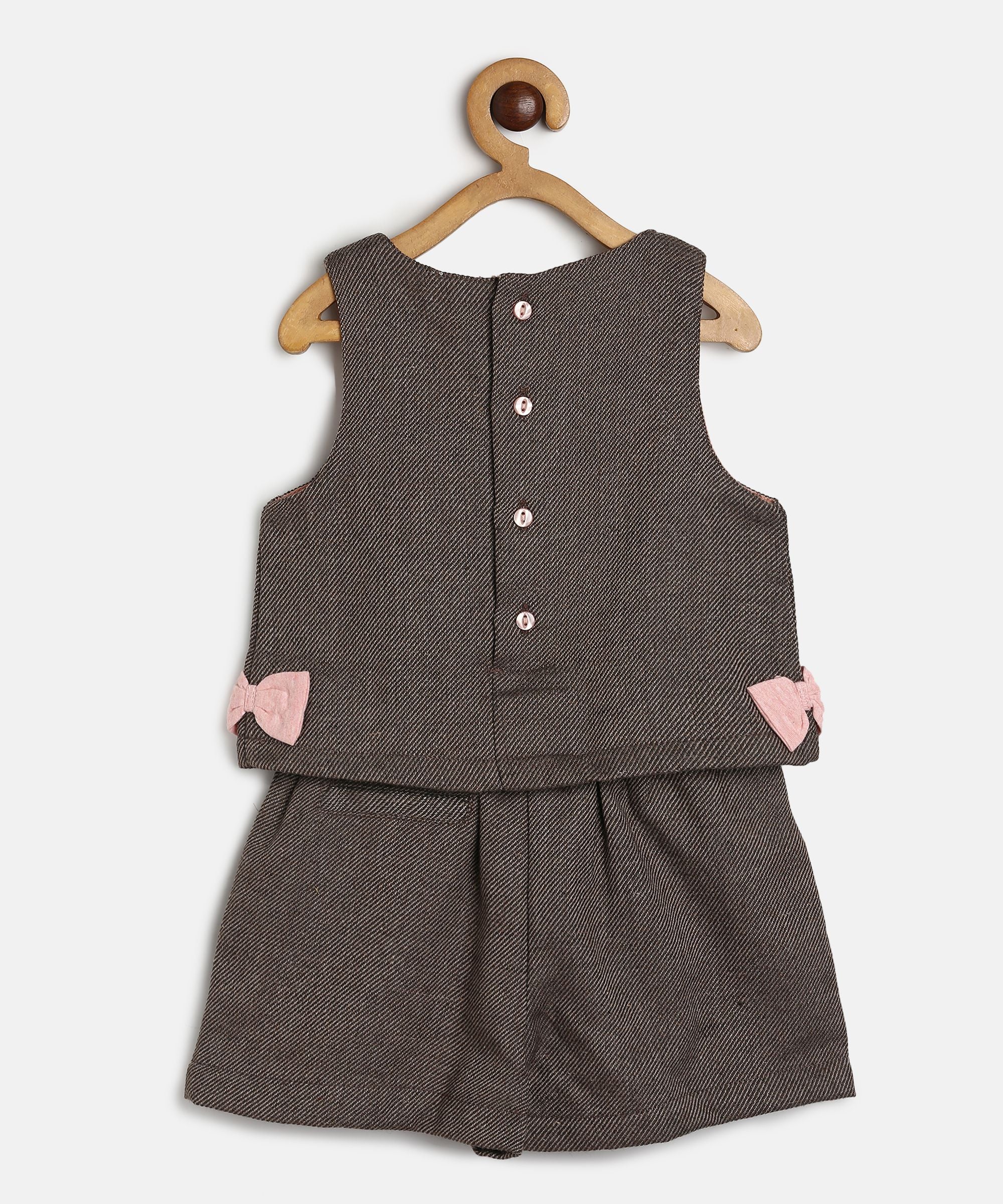 Baby Girls Pink & Brown Cotton Top with Shorts and Sleeveless Overlay Set