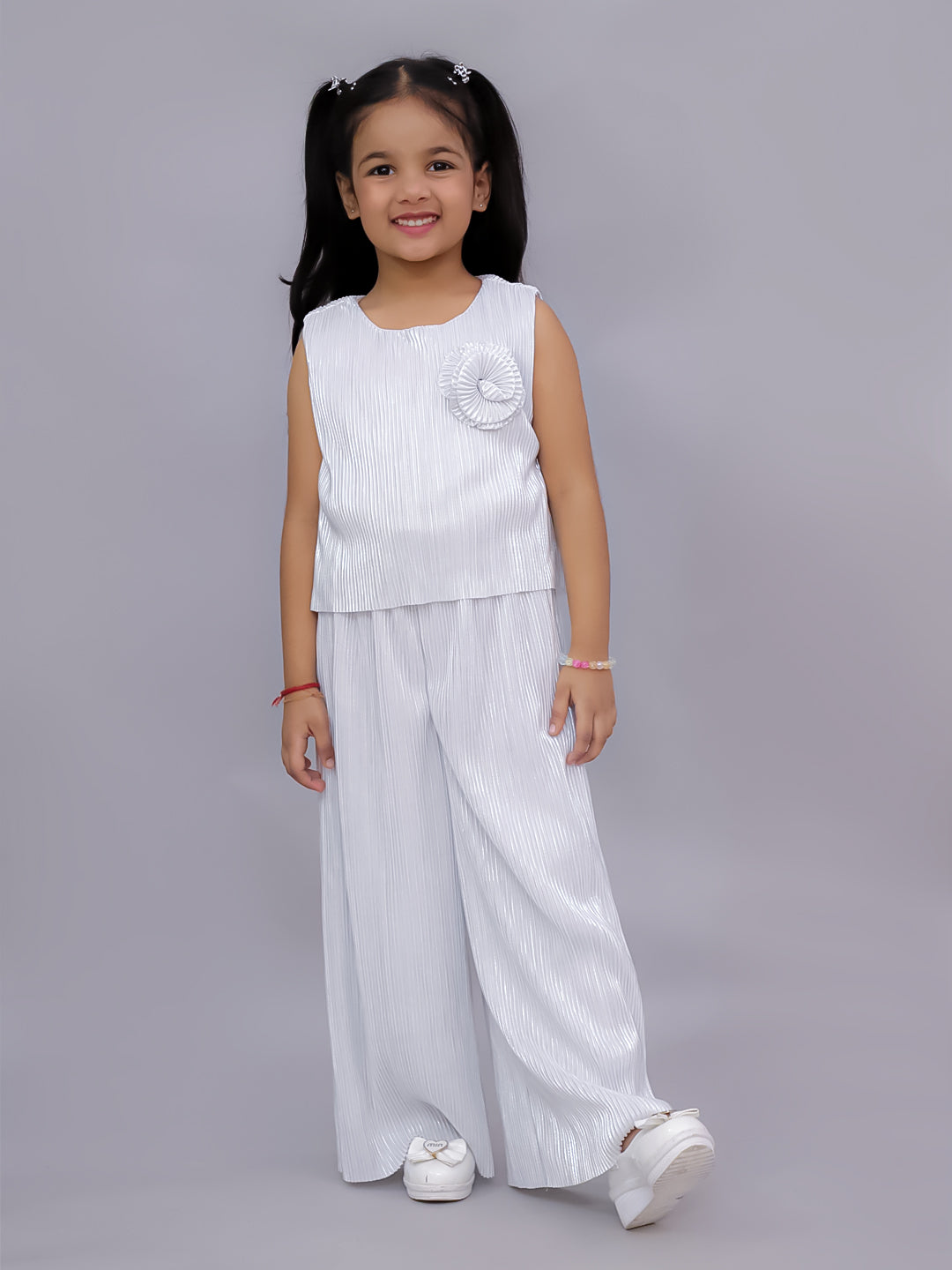 Lil Drama Girls Pleated Sleeveless Top With Palazzo Pants Co-Ord Set, White
