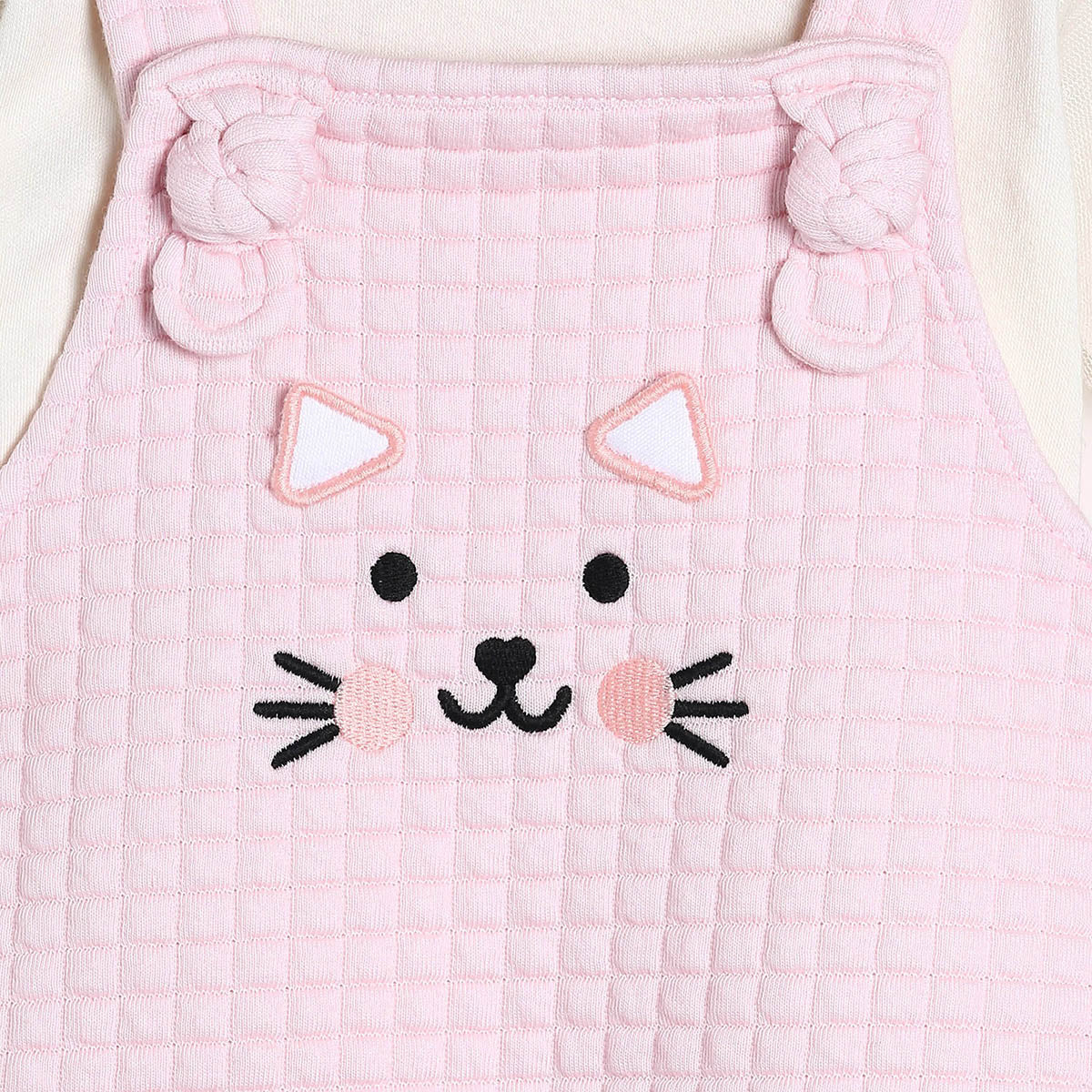 Girls Pink Dungaree Romper with Cat Embroidery and Full Sleeve Top Outfit Set