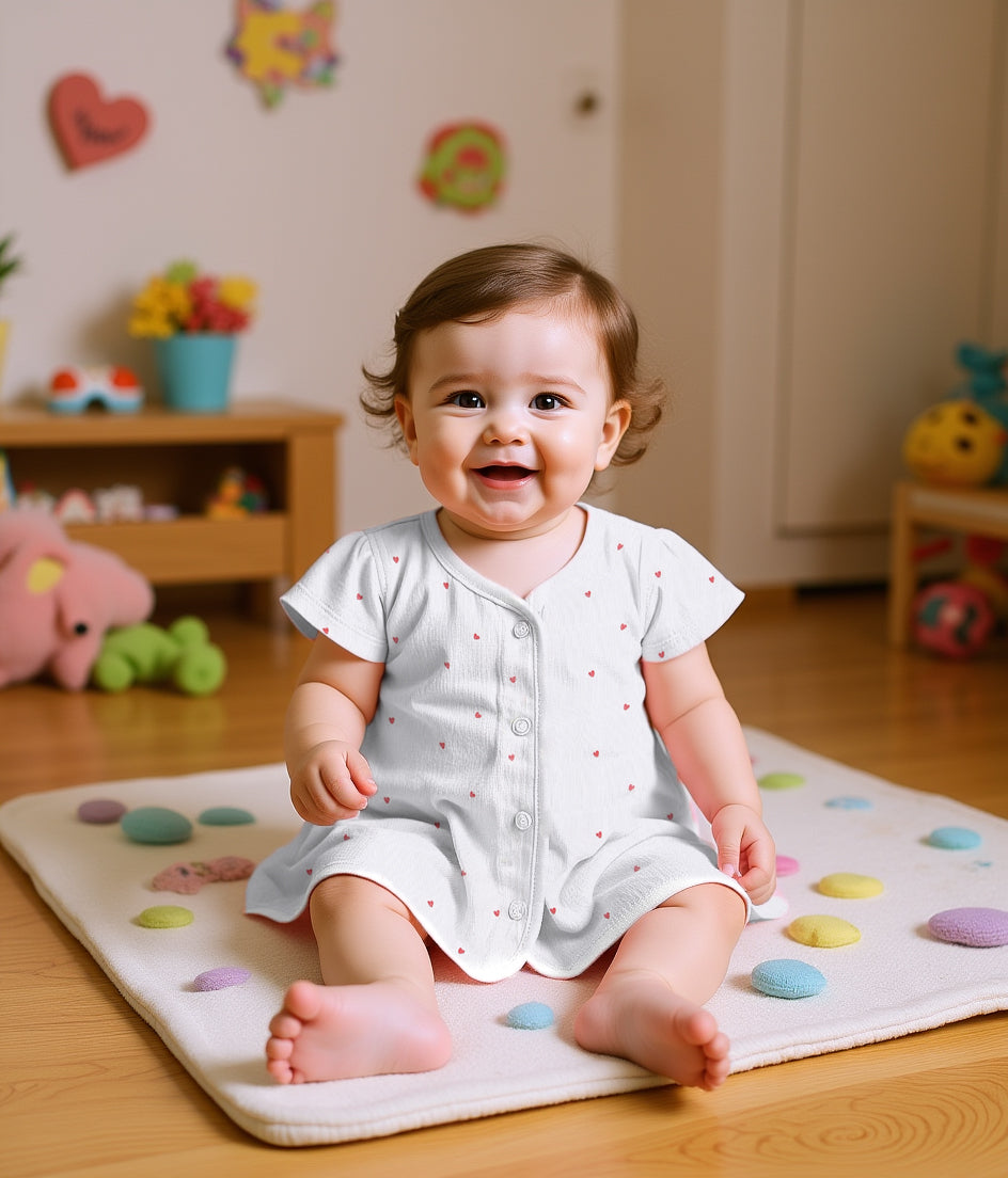 Baby Girls Printed and Solid Front Open Dress Pack of 2, Pink and White