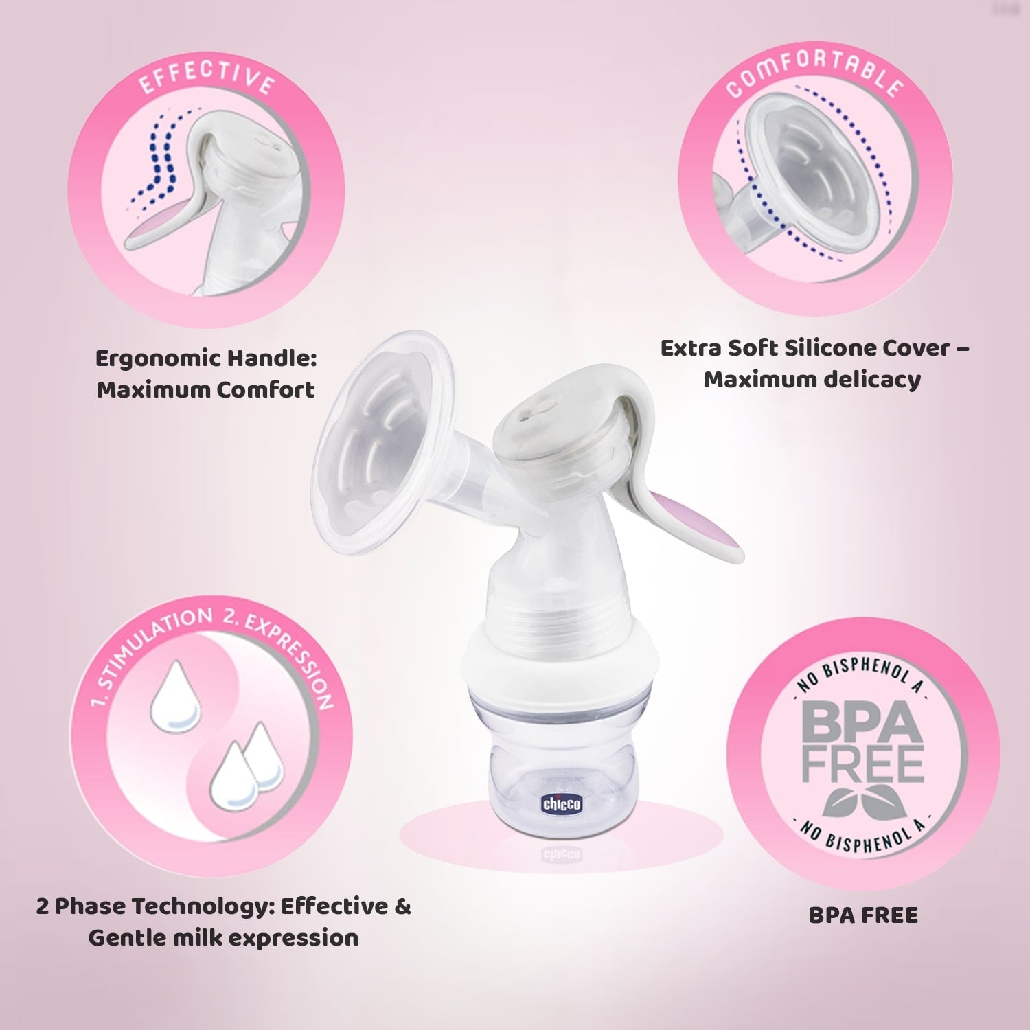 Chicco Manual Breast Pump with Extra Soft Silicone Cover and Ergonomic Handle - White & Pink