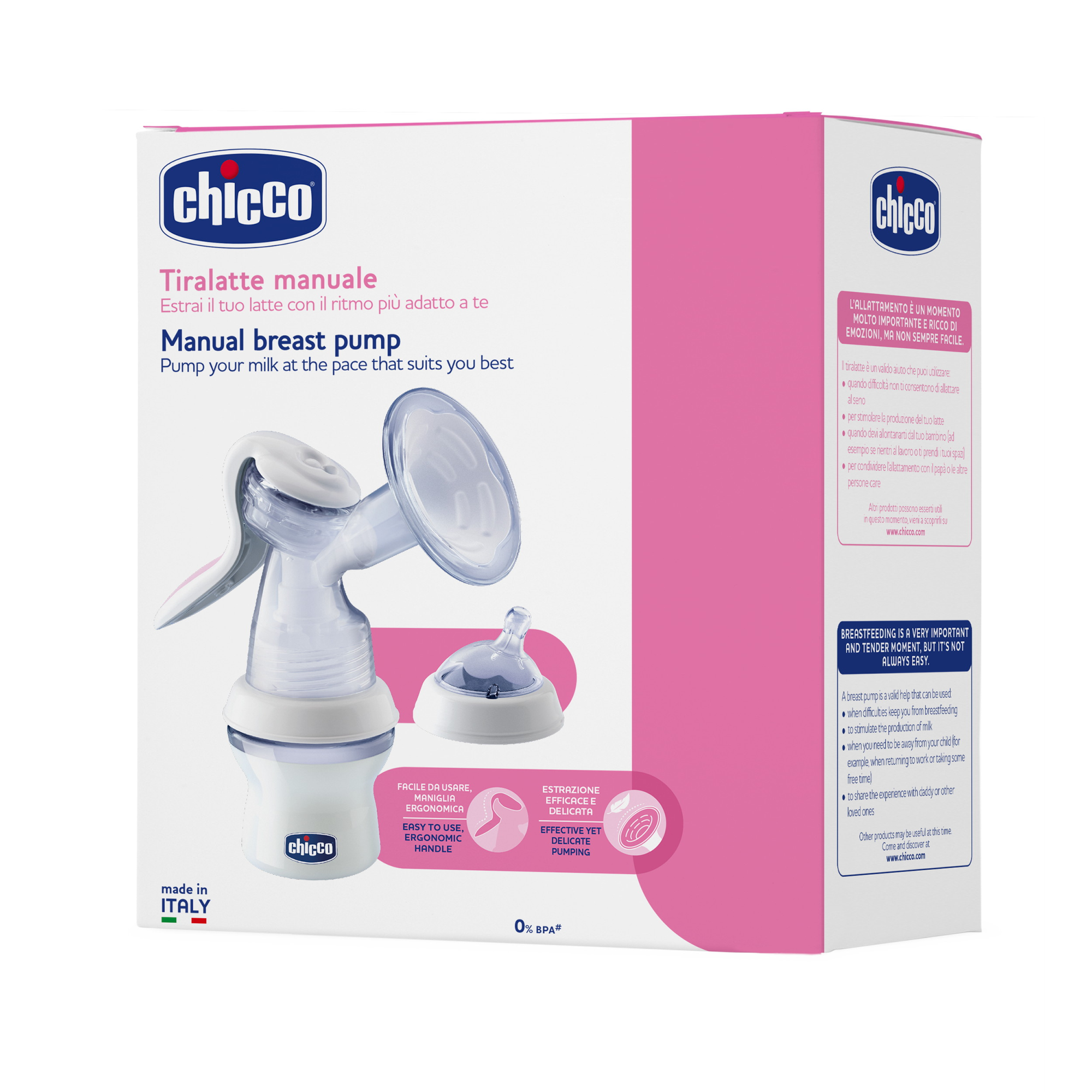 Chicco Manual Breast Pump with Extra Soft Silicone Cover and Ergonomic Handle - White & Pink