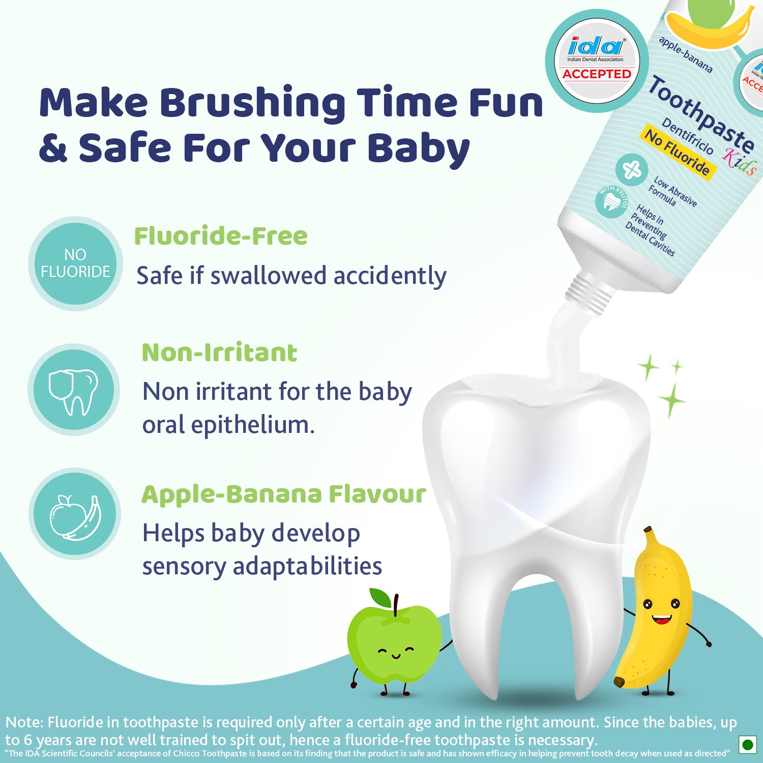 Chicco Kids Apple-Banana Toothpaste for Babies 6 Months to 6 Years with Xylitol and No Fluoride - 50g