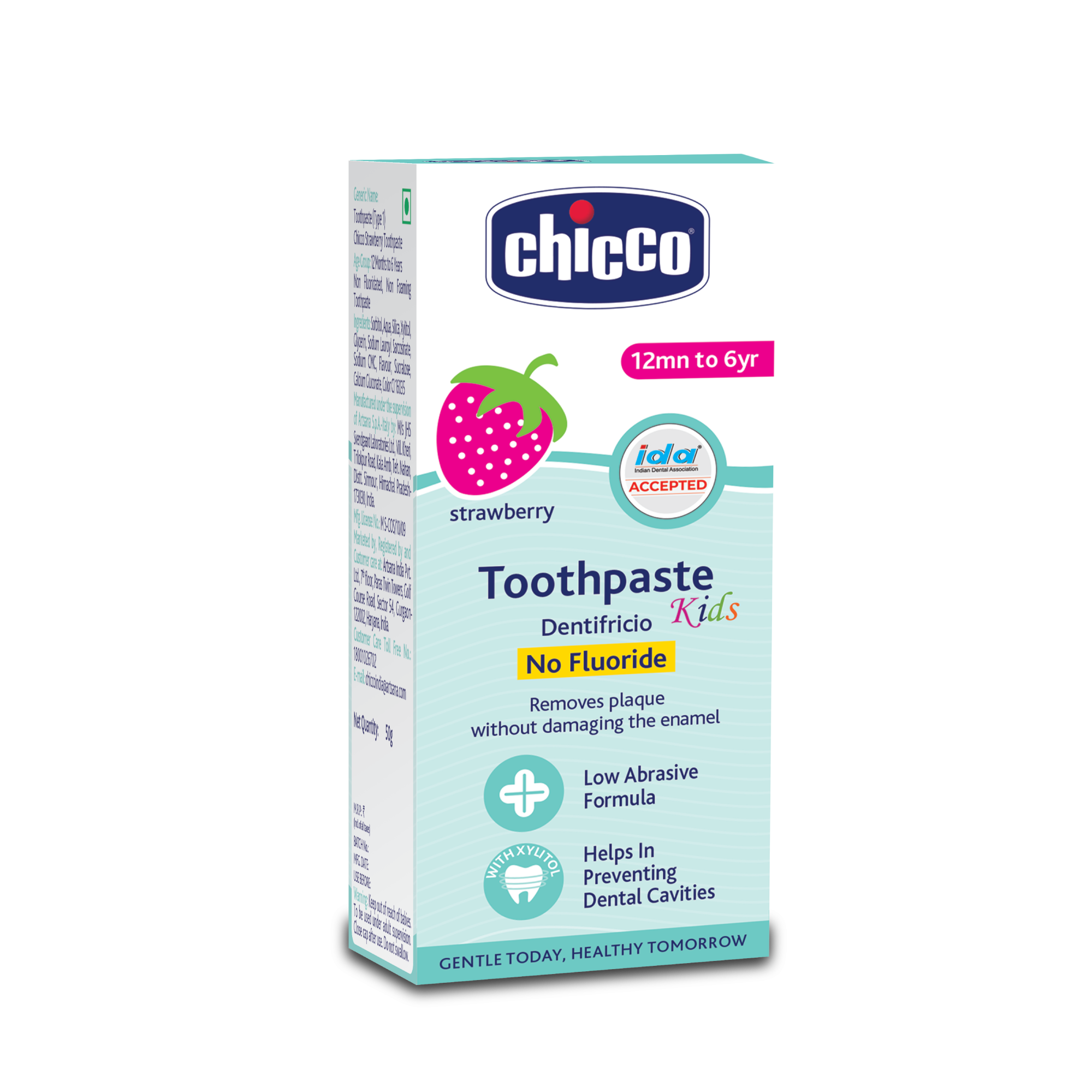 Chicco Kids Strawberry Toothpaste for Babies 12 Months to 6 Years with Xylitol and No Fluoride - 50g
