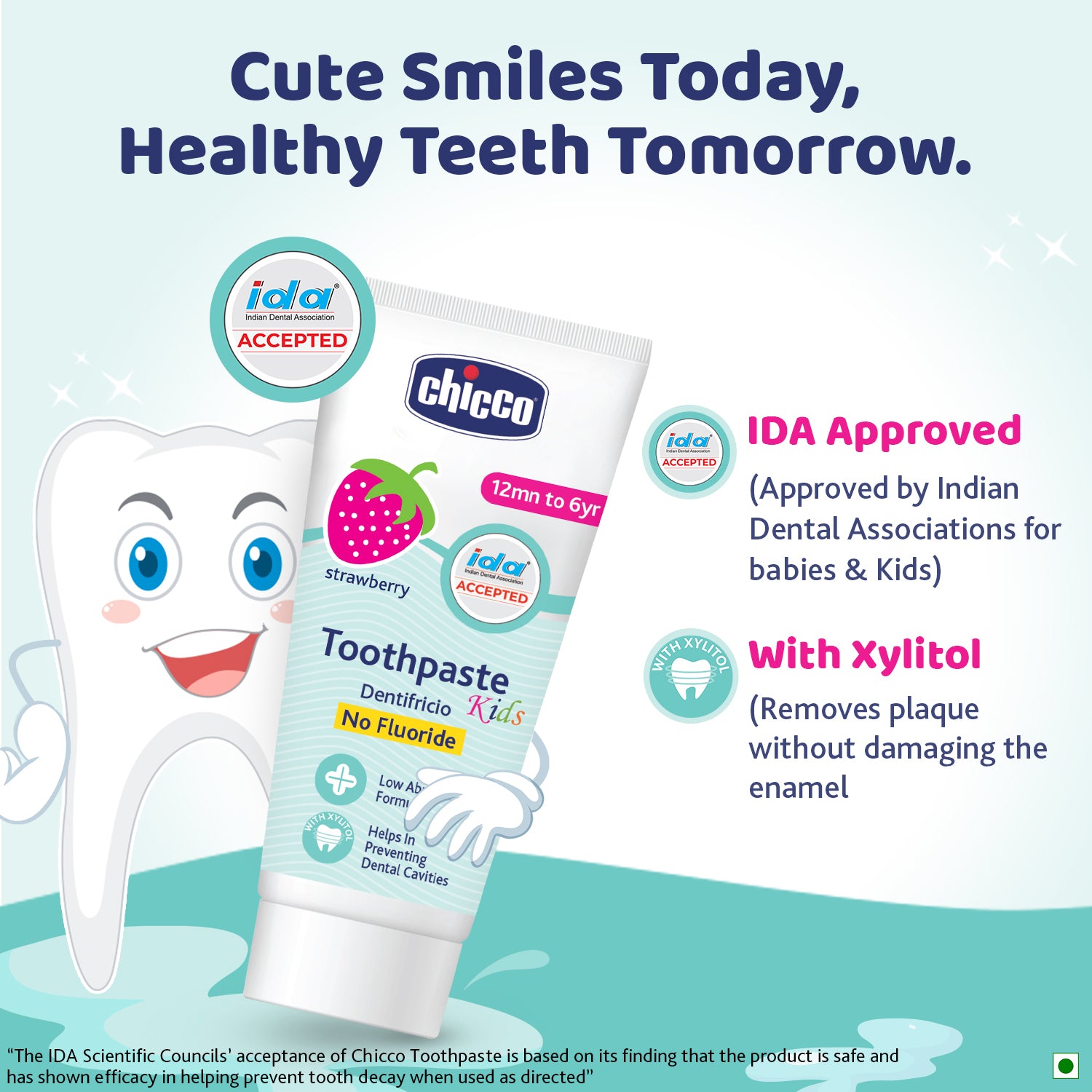 Chicco Kids Strawberry Toothpaste for Babies 12 Months to 6 Years with Xylitol and No Fluoride - 50g