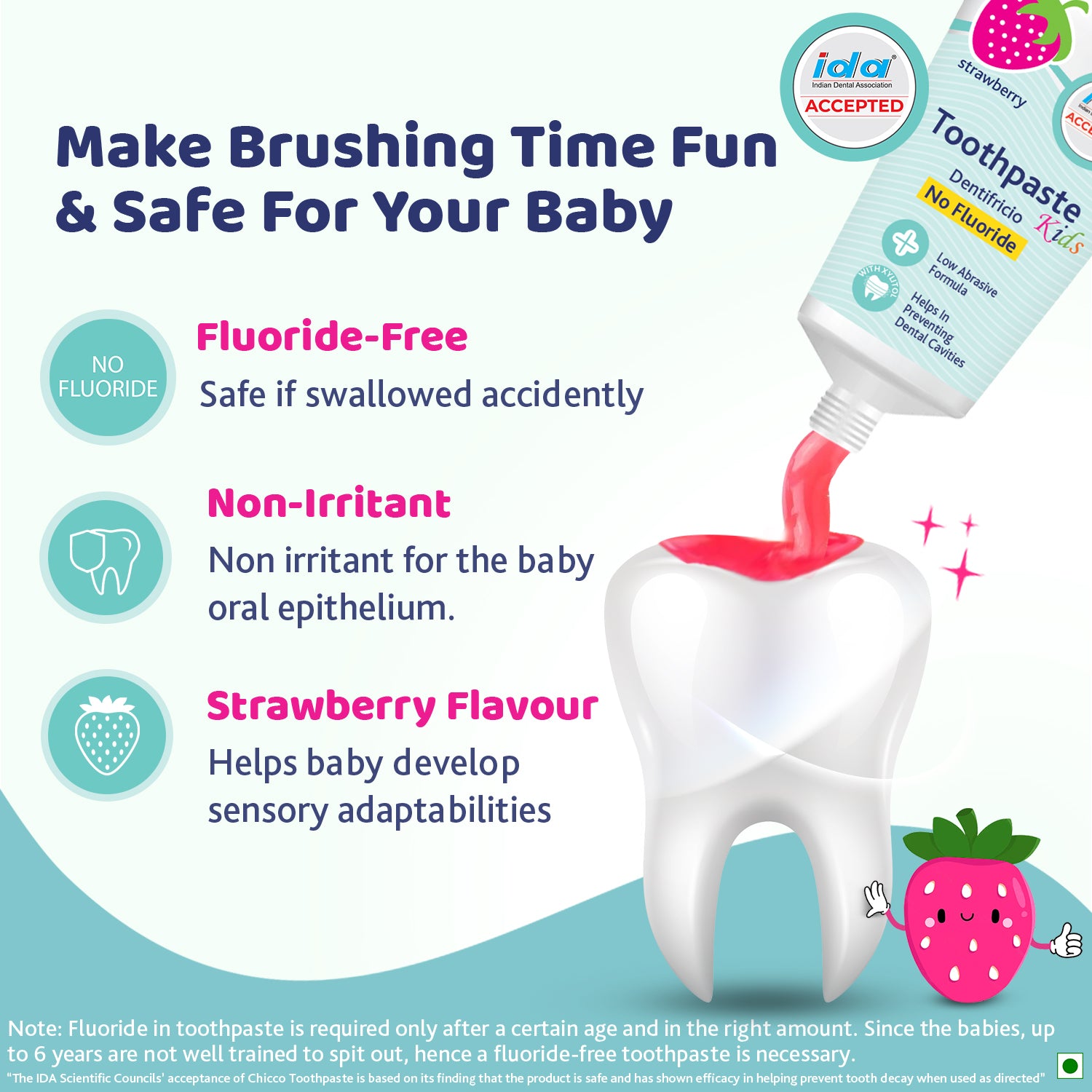 Chicco Kids Strawberry Toothpaste for Babies 12 Months to 6 Years with Xylitol and No Fluoride - 50g
