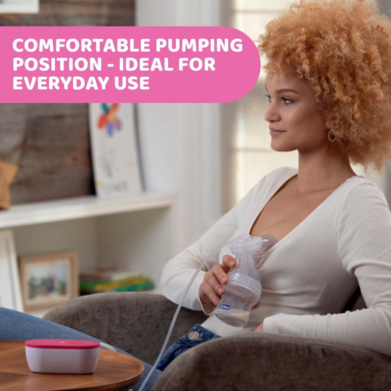 Chicco Portable Electric Breast Pump with Silicone Cushion and USB Rechargeable Design - White & Pink
