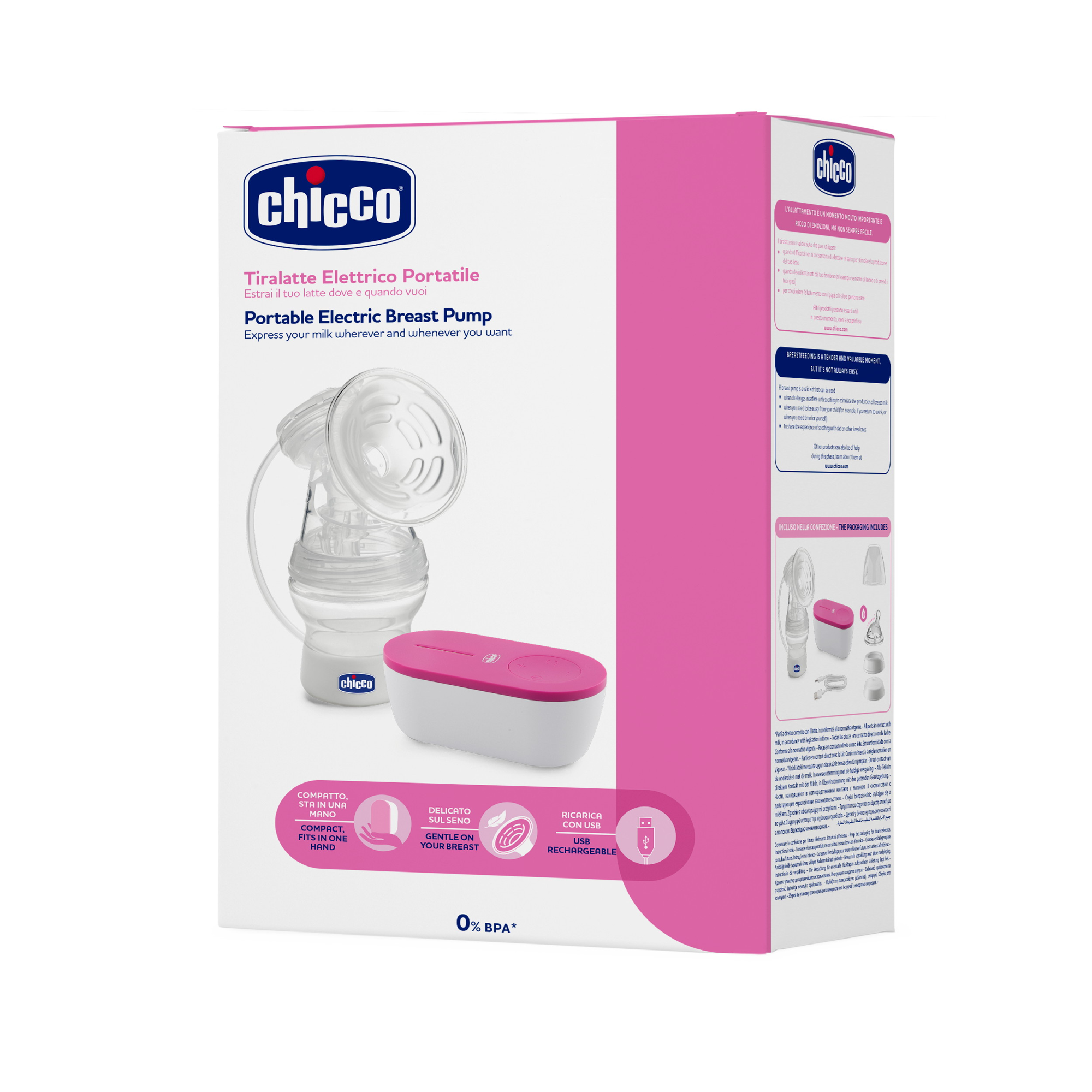 Chicco Portable Electric Breast Pump with Silicone Cushion and USB Rechargeable Design - White & Pink