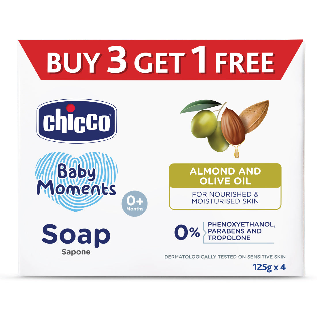 Chicco Baby Moments Nourishing Baby Soap with Almond & Olive Oil for Moisturised Skin - Pack of 4 x 125g