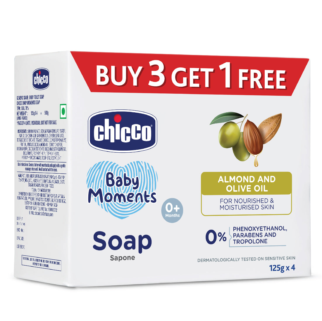 Chicco Baby Moments Nourishing Baby Soap with Almond & Olive Oil for Moisturised Skin - Pack of 4 x 125g