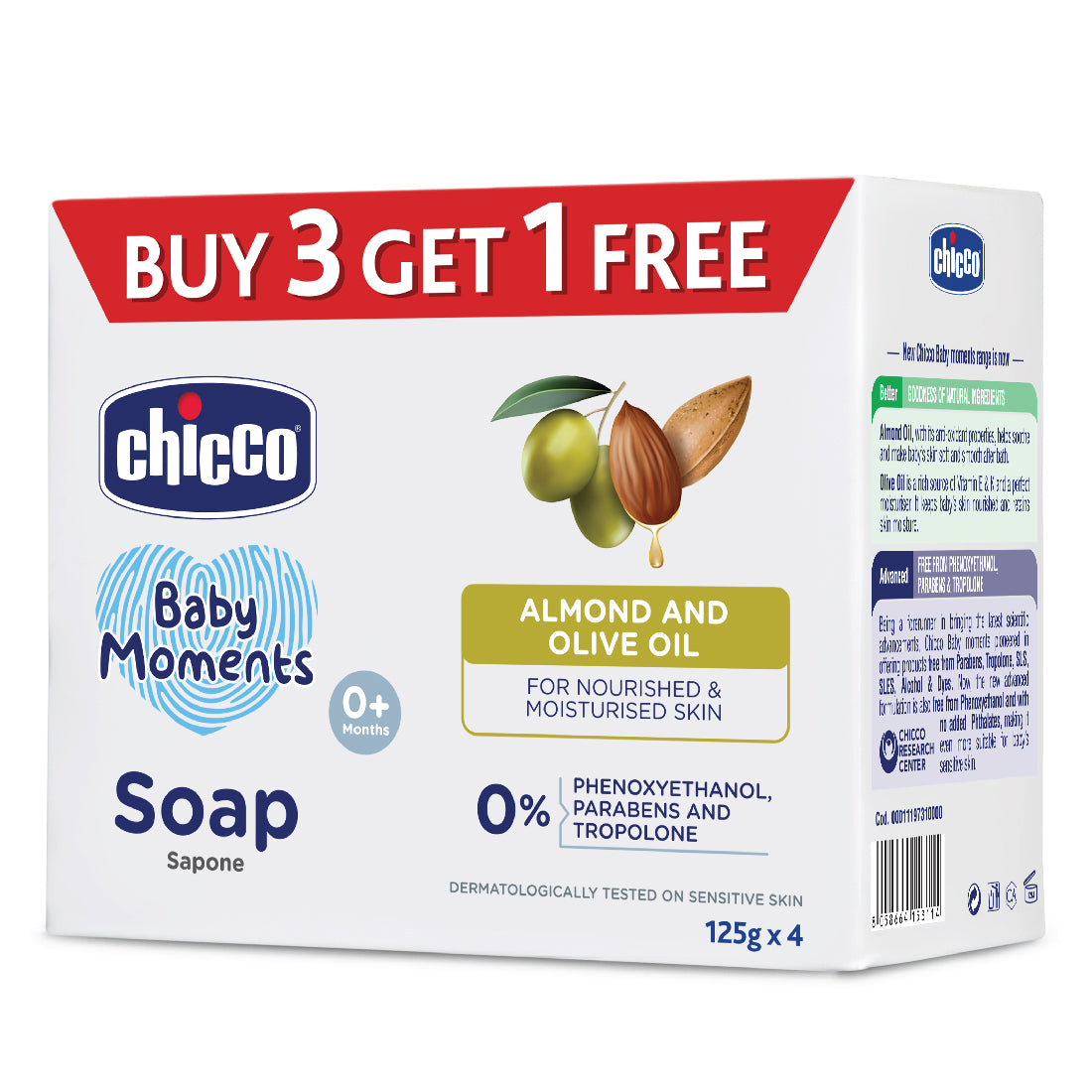 Chicco Baby Moments Nourishing Baby Soap with Almond & Olive Oil for Moisturised Skin - Pack of 4 x 125g