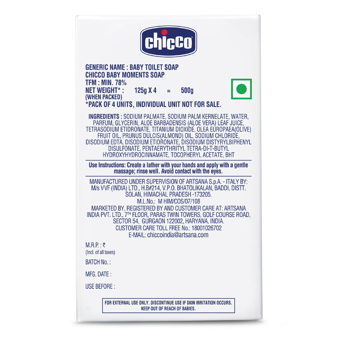 Chicco Baby Moments Nourishing Baby Soap with Almond & Olive Oil for Moisturised Skin - Pack of 4 x 125g