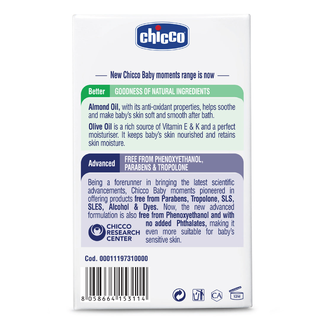 Chicco Baby Moments Nourishing Baby Soap with Almond & Olive Oil for Moisturised Skin - Pack of 4 x 125g