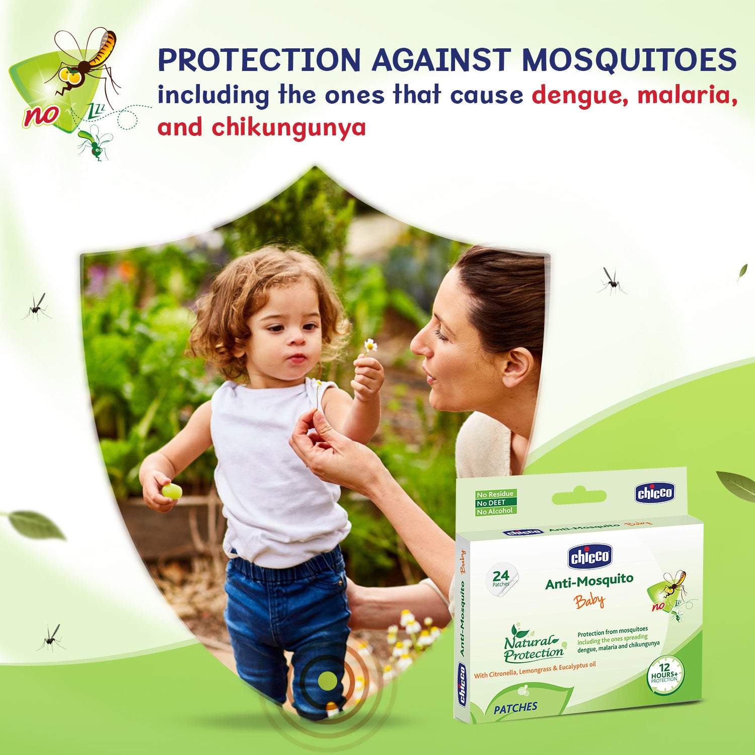 Chicco Baby Anti-Mosquito Natural Protection Patches with Citronella, Lemongrass & Eucalyptus Oil - Pack of 24