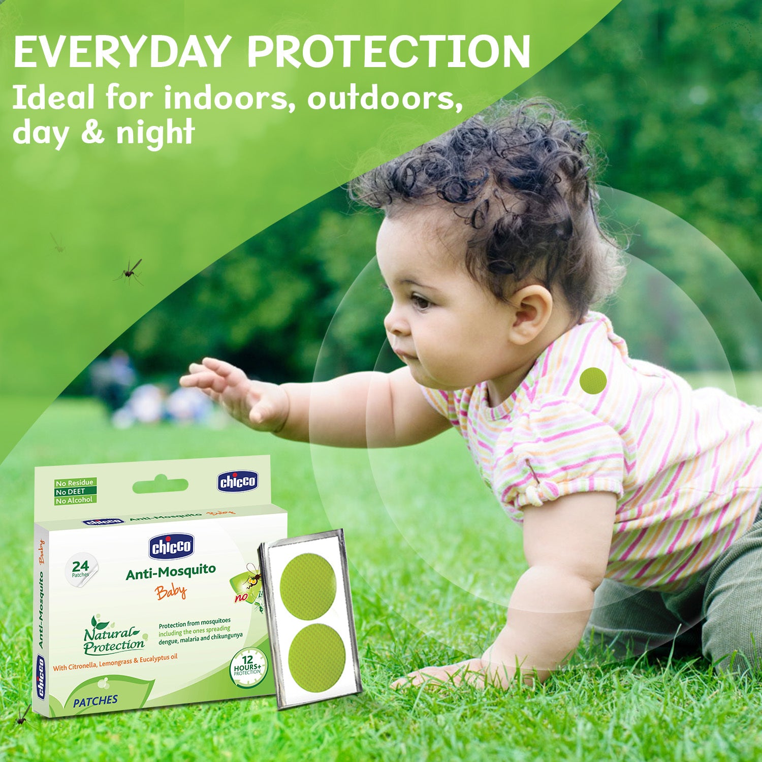 Chicco Baby Anti-Mosquito Natural Protection Patches with Citronella, Lemongrass & Eucalyptus Oil - Pack of 24