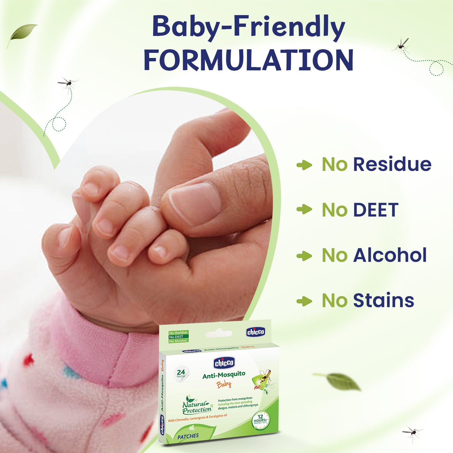 Chicco Baby Anti-Mosquito Natural Protection Patches with Citronella, Lemongrass & Eucalyptus Oil - Pack of 24