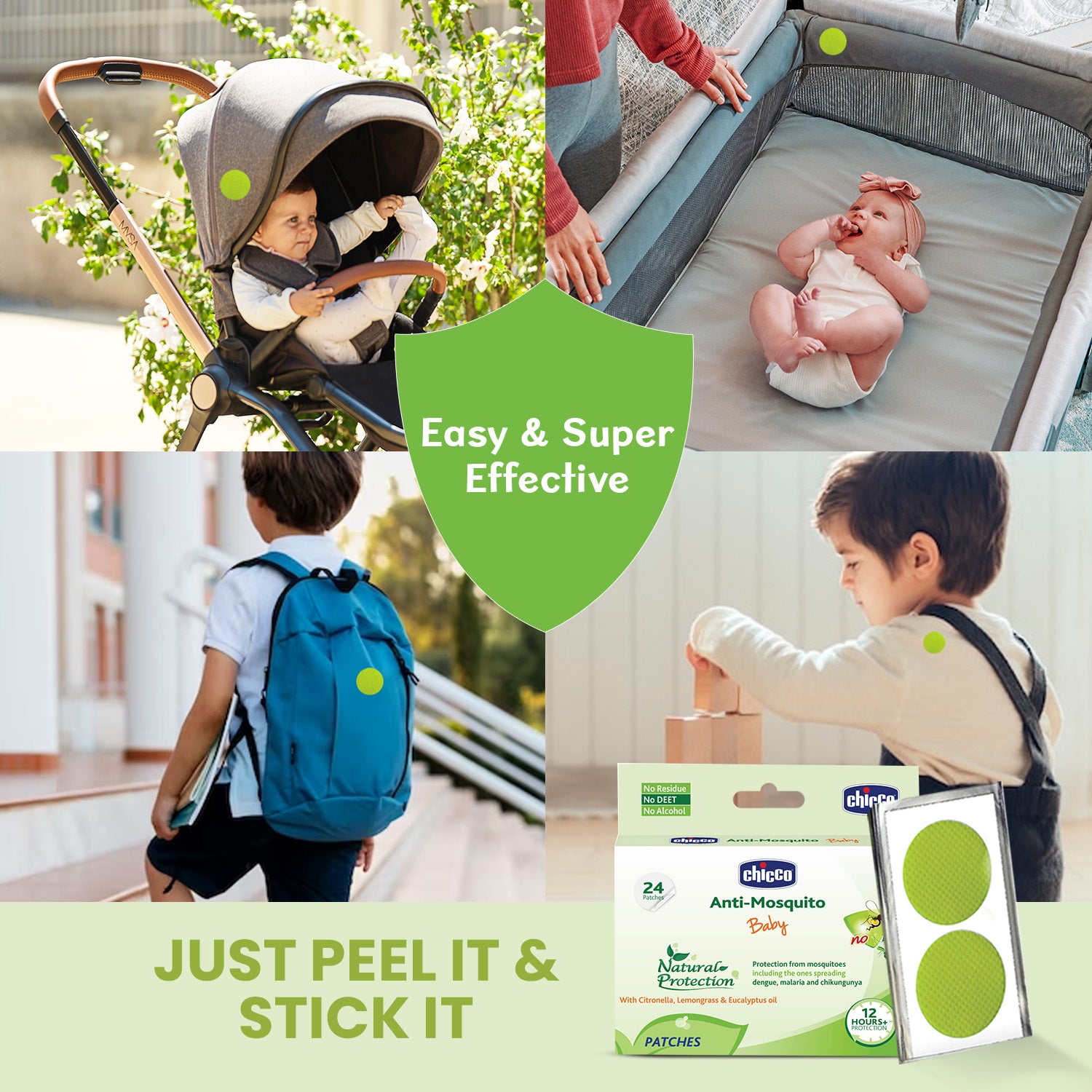 Chicco Baby Anti-Mosquito Natural Protection Patches with Citronella, Lemongrass & Eucalyptus Oil - Pack of 24