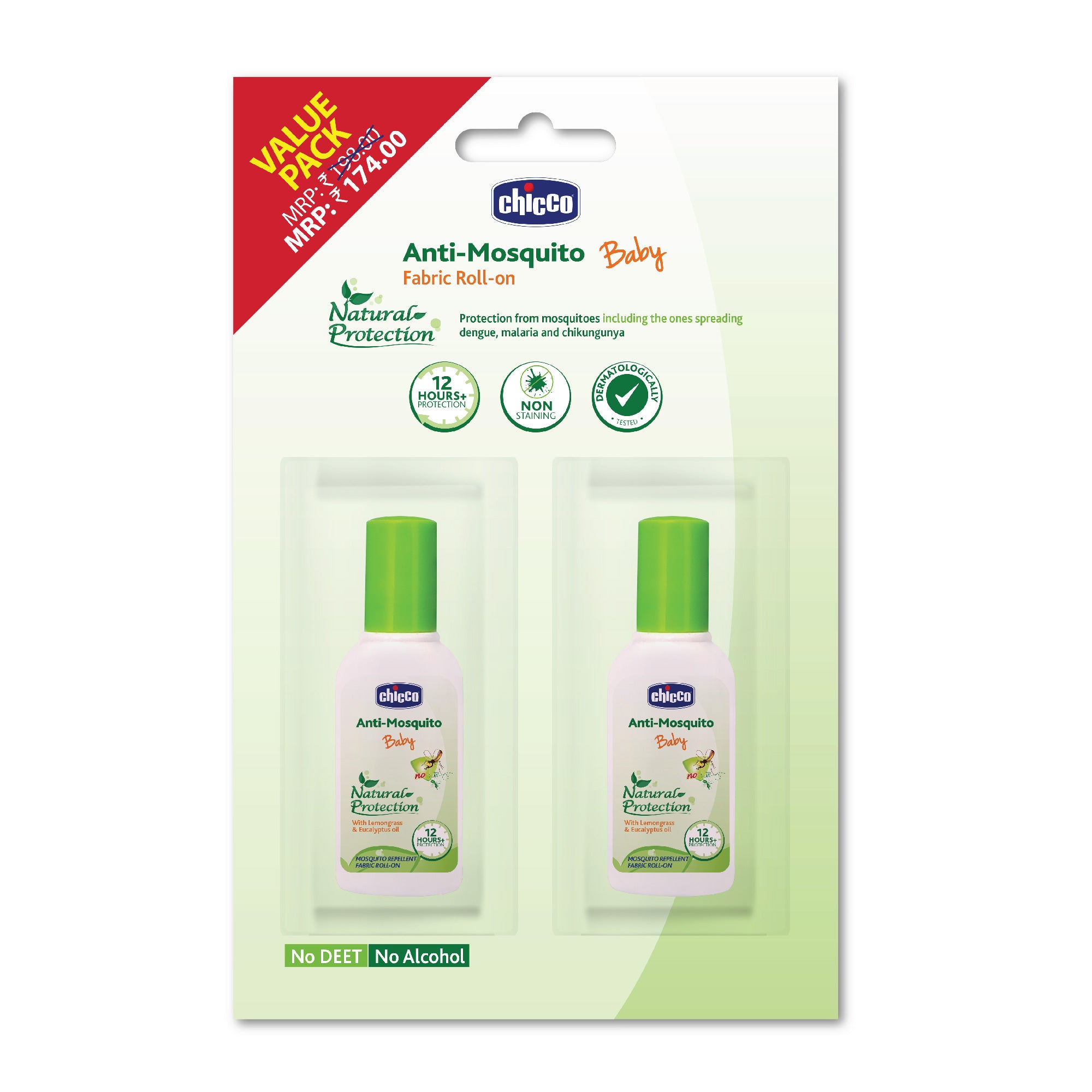 Chicco Anti-Mosquito Baby Fabric Roll-On Value Pack with Natural Oils and 12 Hours Protection - Pack of 2 x 8 ml
