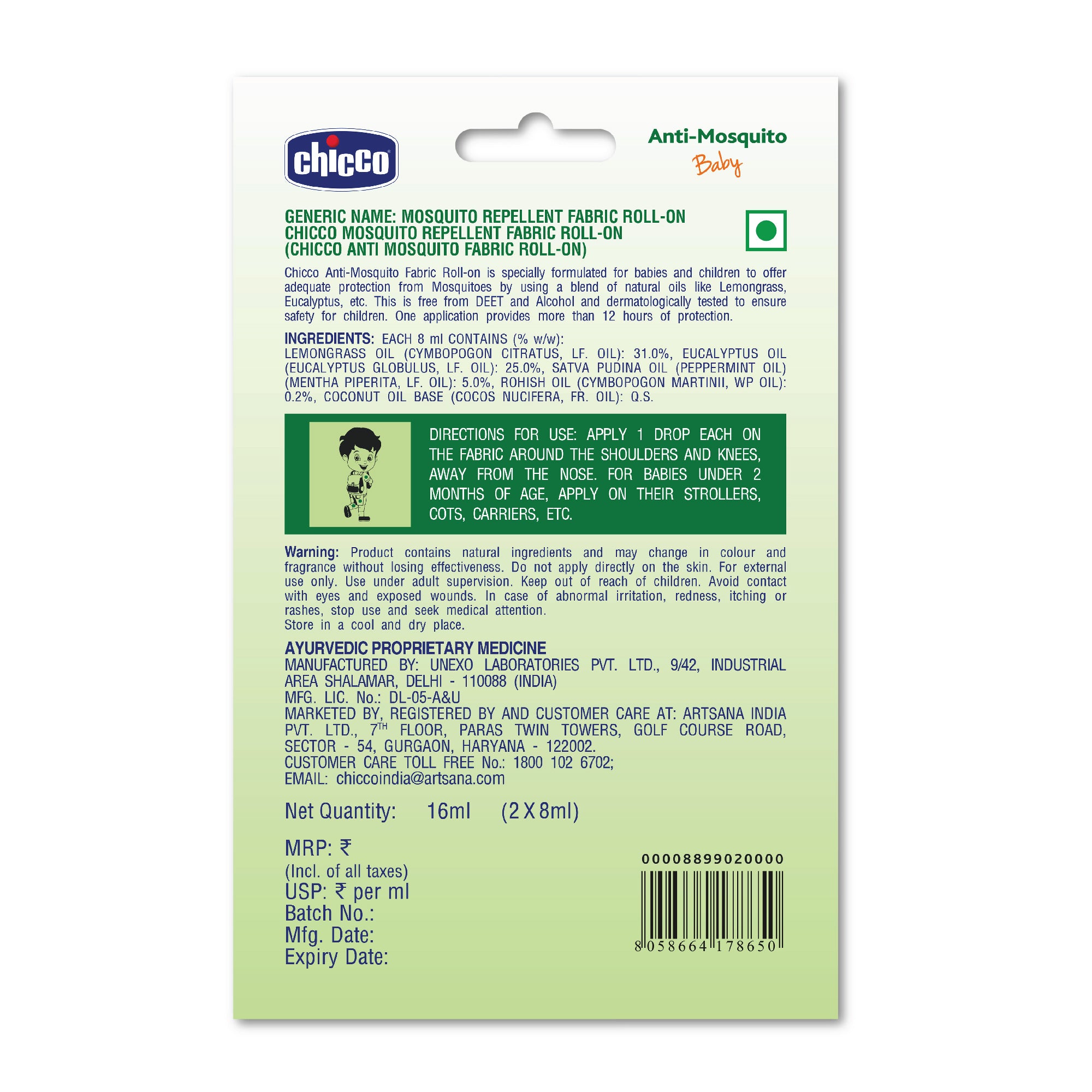 Chicco Anti-Mosquito Baby Fabric Roll-On Value Pack with Natural Oils and 12 Hours Protection - Pack of 2 x 8 ml