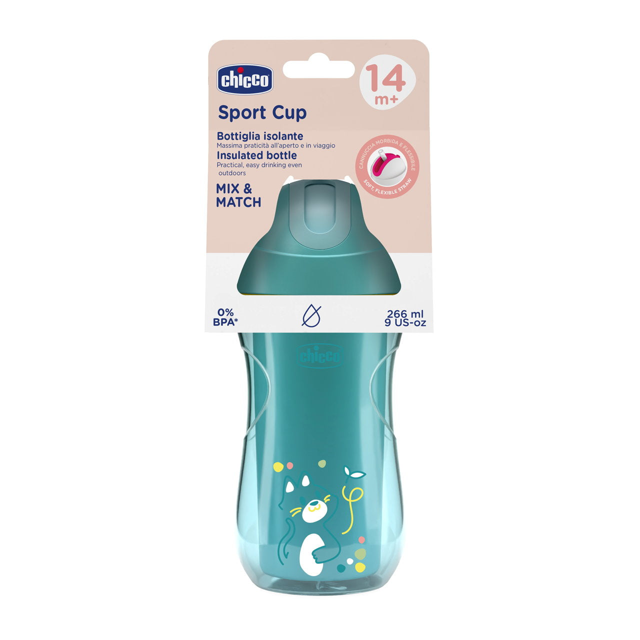 Chicco Insulated Sport Cup with Soft Flexible Straw for Toddlers 14M+ - 266 ml