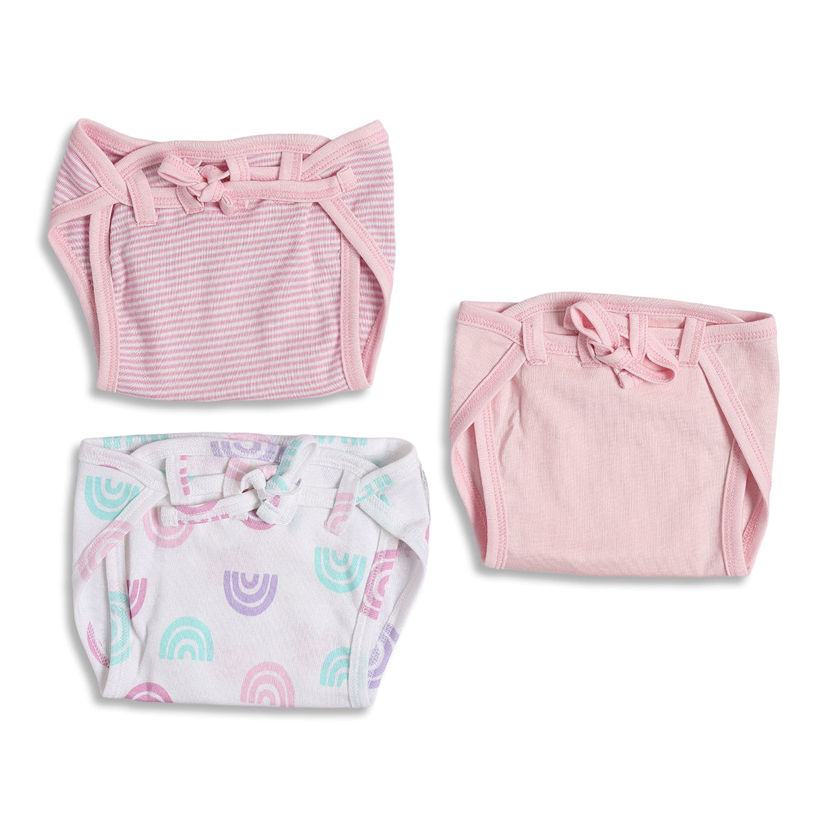 Baby Girls Pink and White Printed Tie-Up Nappy Pack of 3 Regular Fit Daily Wear Innerwear