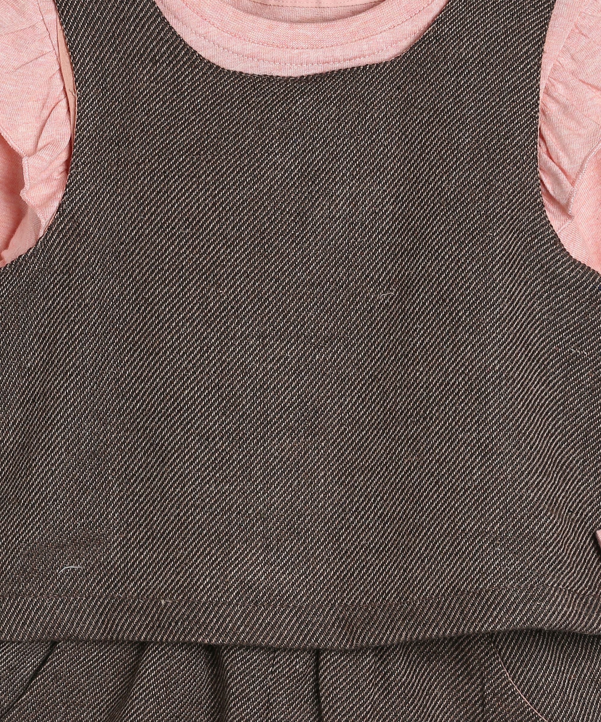 Baby Girls Pink & Brown Cotton Top with Shorts and Sleeveless Overlay Set