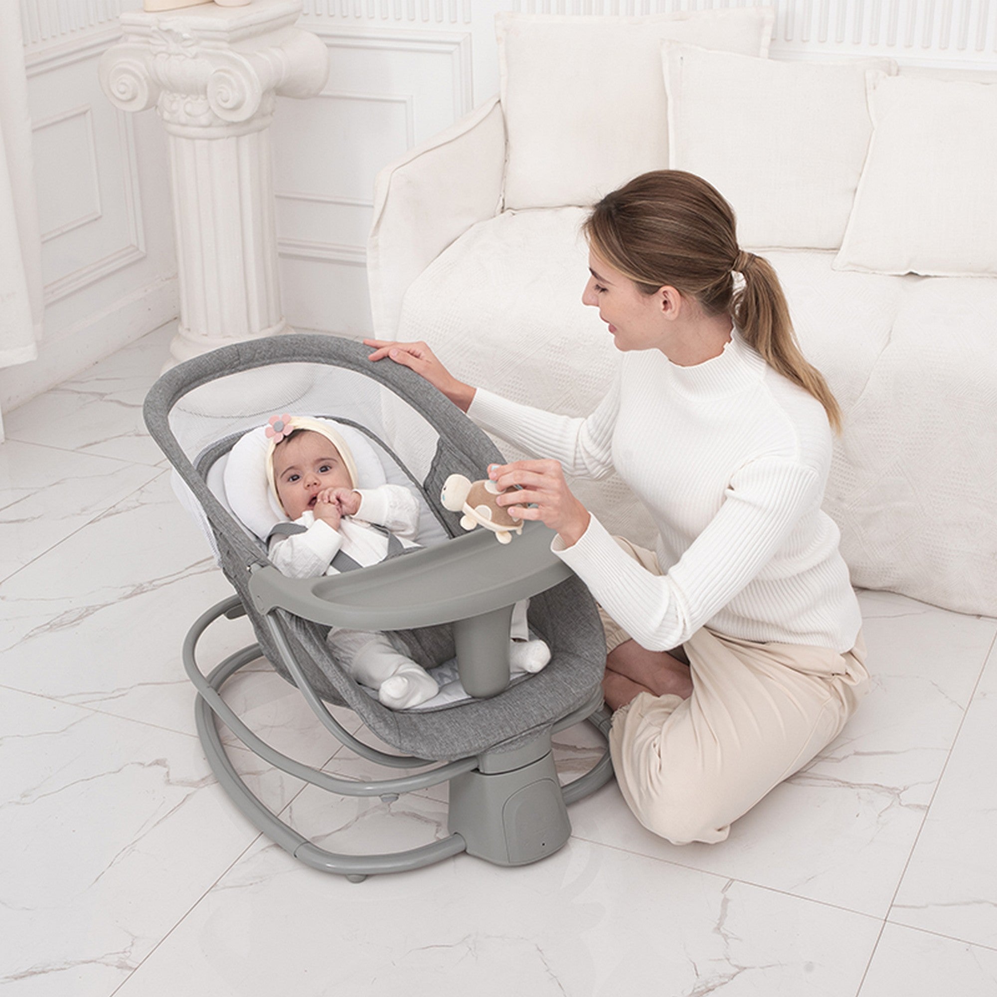 Mastela Grey Baby Electric Rocker and Bouncer with Music, Canopy and Mosquito Net for Infants