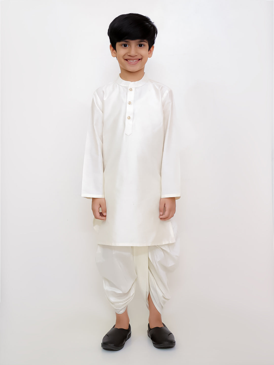 Lil Drama Boys Floral Print Jacket Kurta With Dhoti Pants Set, Yellow And White
