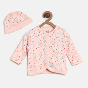 Baby Girls Pink Heart Printed Cotton Clothing Set with Cap for Daily Wear