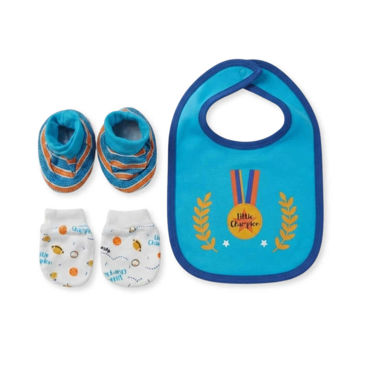 Baby Blue and White Cotton Bib Mittens and Booties Set Little Champion Print Newborn Essentials