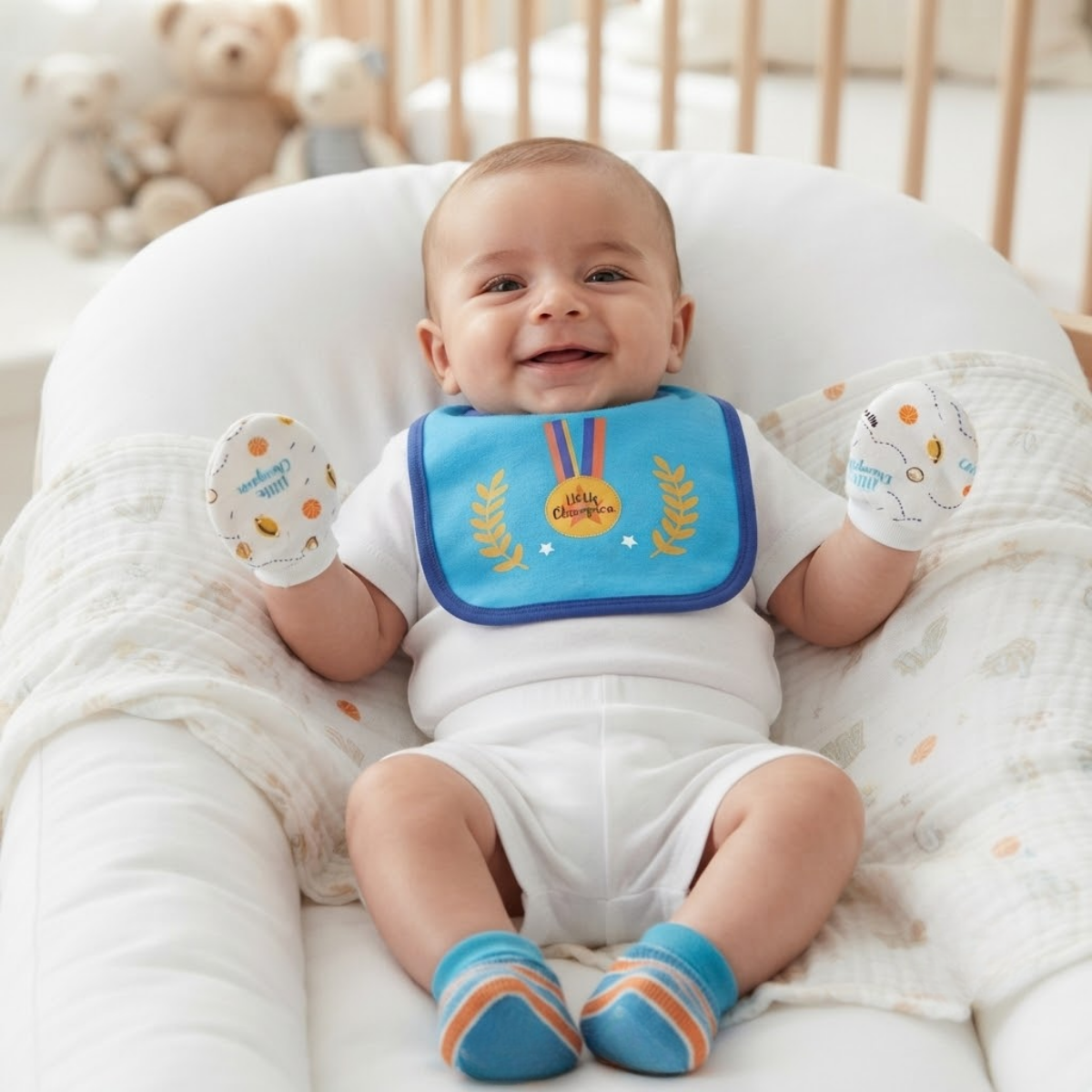 Baby Blue and White Cotton Bib Mittens and Booties Set Little Champion Print Newborn Essentials