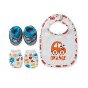 Baby Blue and White Cotton Bib Mittens and Booties Set Transport Print Newborn Essentials