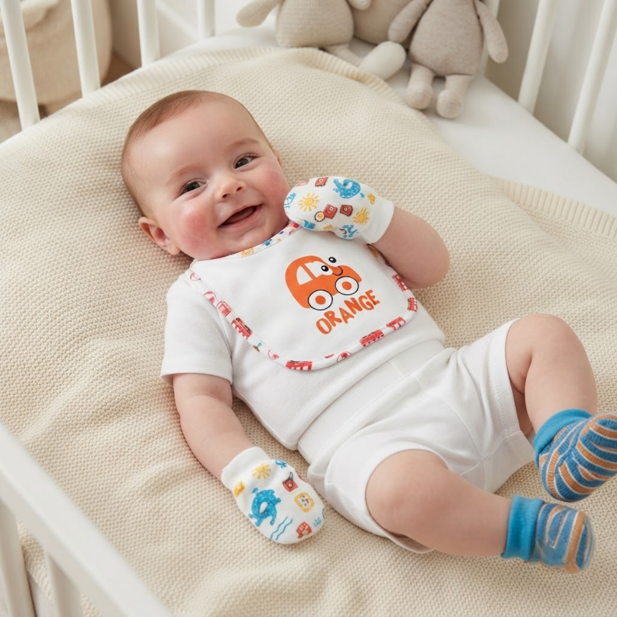 Baby Blue and White Cotton Bib Mittens and Booties Set Transport Print Newborn Essentials